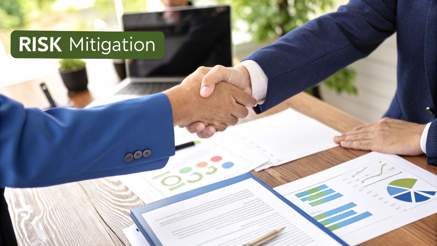 A diagram showing a balanced scale with &#39;Risk&#39; on one side and &#39;Mitigation&#39; on the other, representing investment balance.