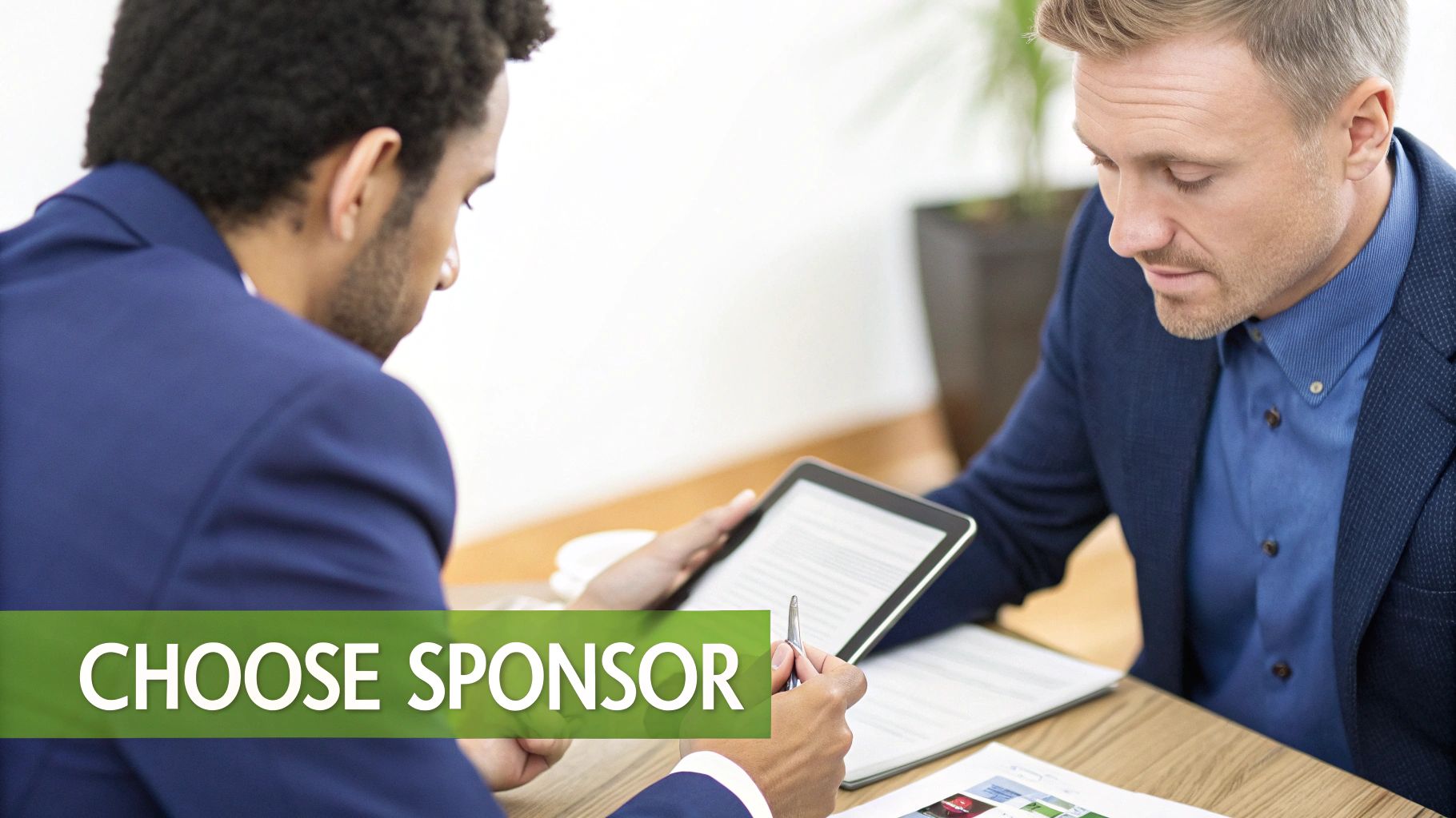Two men in business suits discussing information on a tablet and documents at a table.