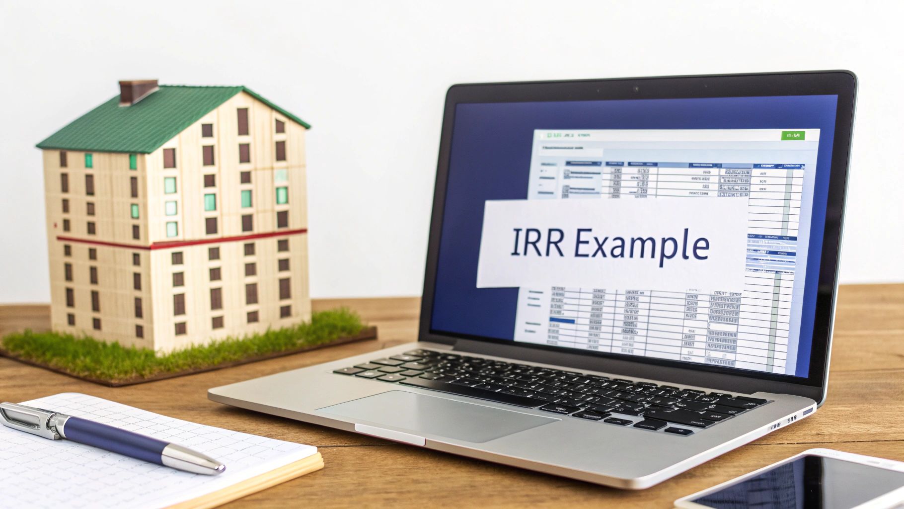 A model building and laptop displaying an 'IRR Example' spreadsheet, symbolizing real estate investment analysis on a desk.