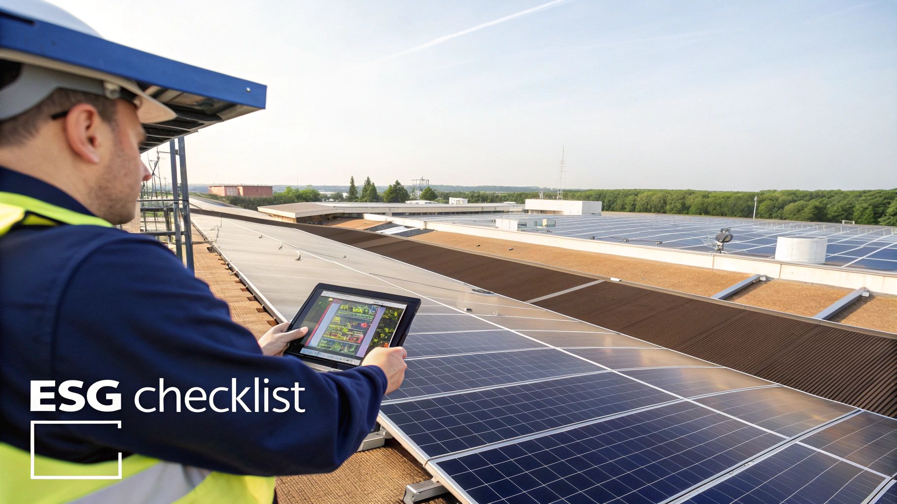 A person using a tablet with data overlays while a drone flies over a commercial building in the background