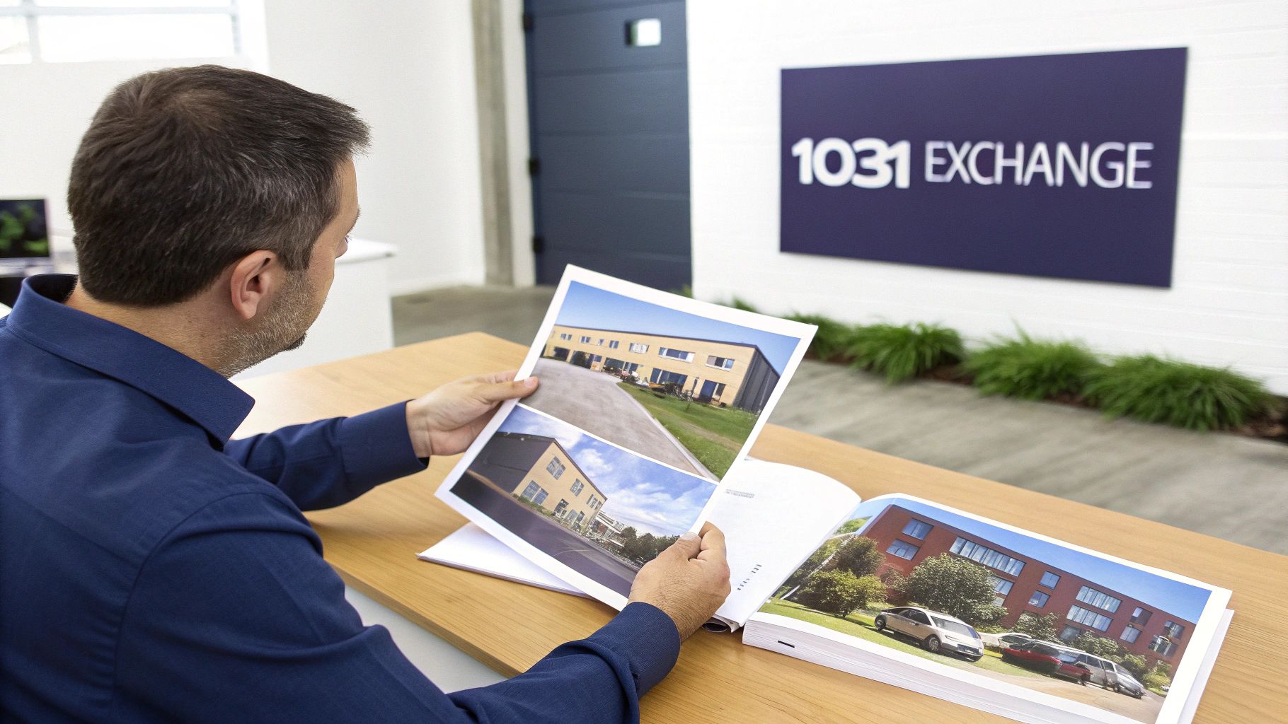 Man reviews real estate property photos in a binder, with a "1031 EXCHANGE" sign in the background.