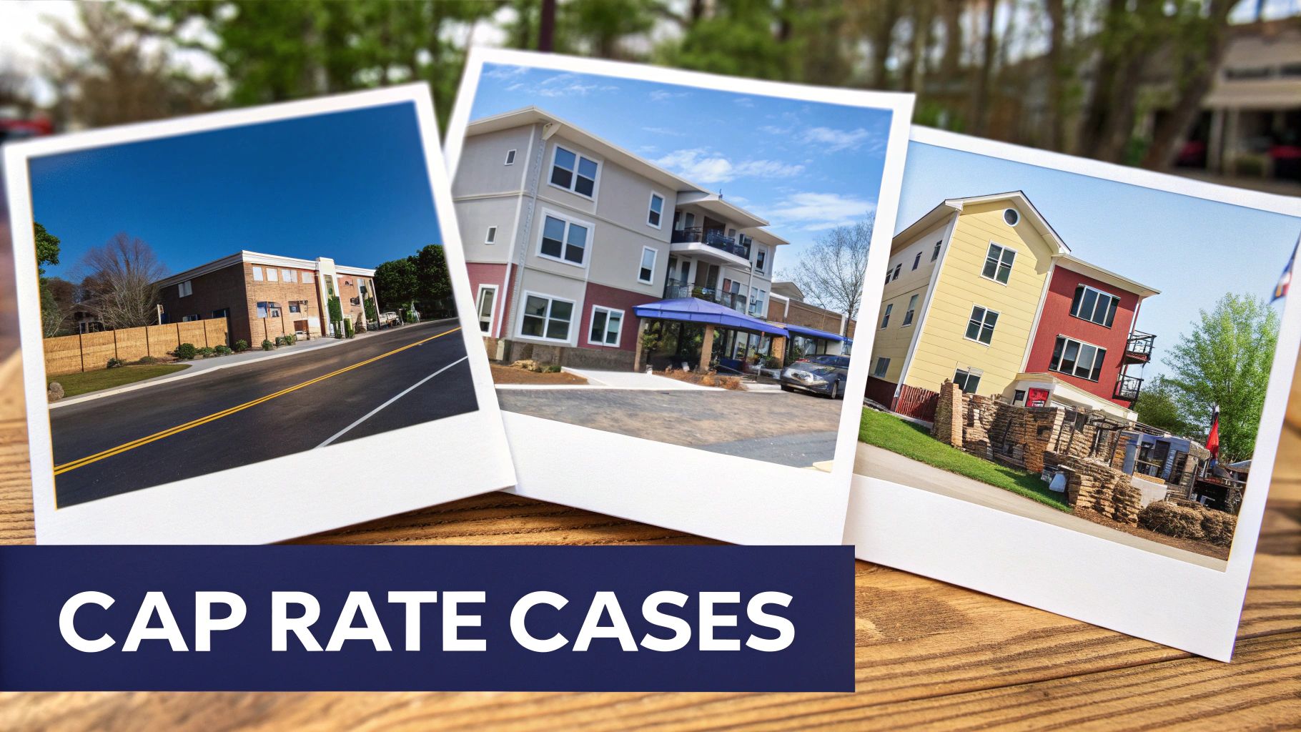 Three polaroid-style photos of various commercial buildings displayed with 'CAP RATE CASES' text.