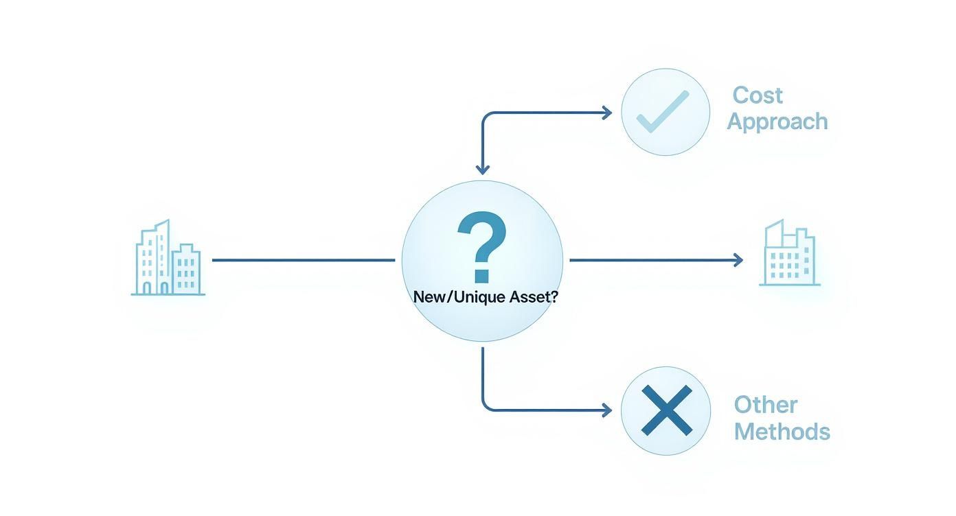 Flowchart illustrating real estate appraisal, recommending the cost approach for new or unique assets, rejecting other methods.