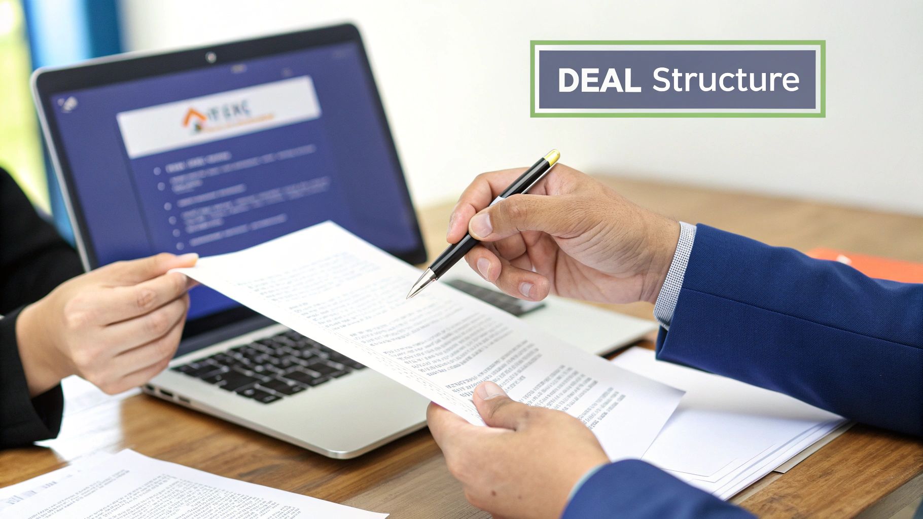 Two professionals in a modern office, shaking hands across a table with architectural models, symbolizing a successful capital partnership.