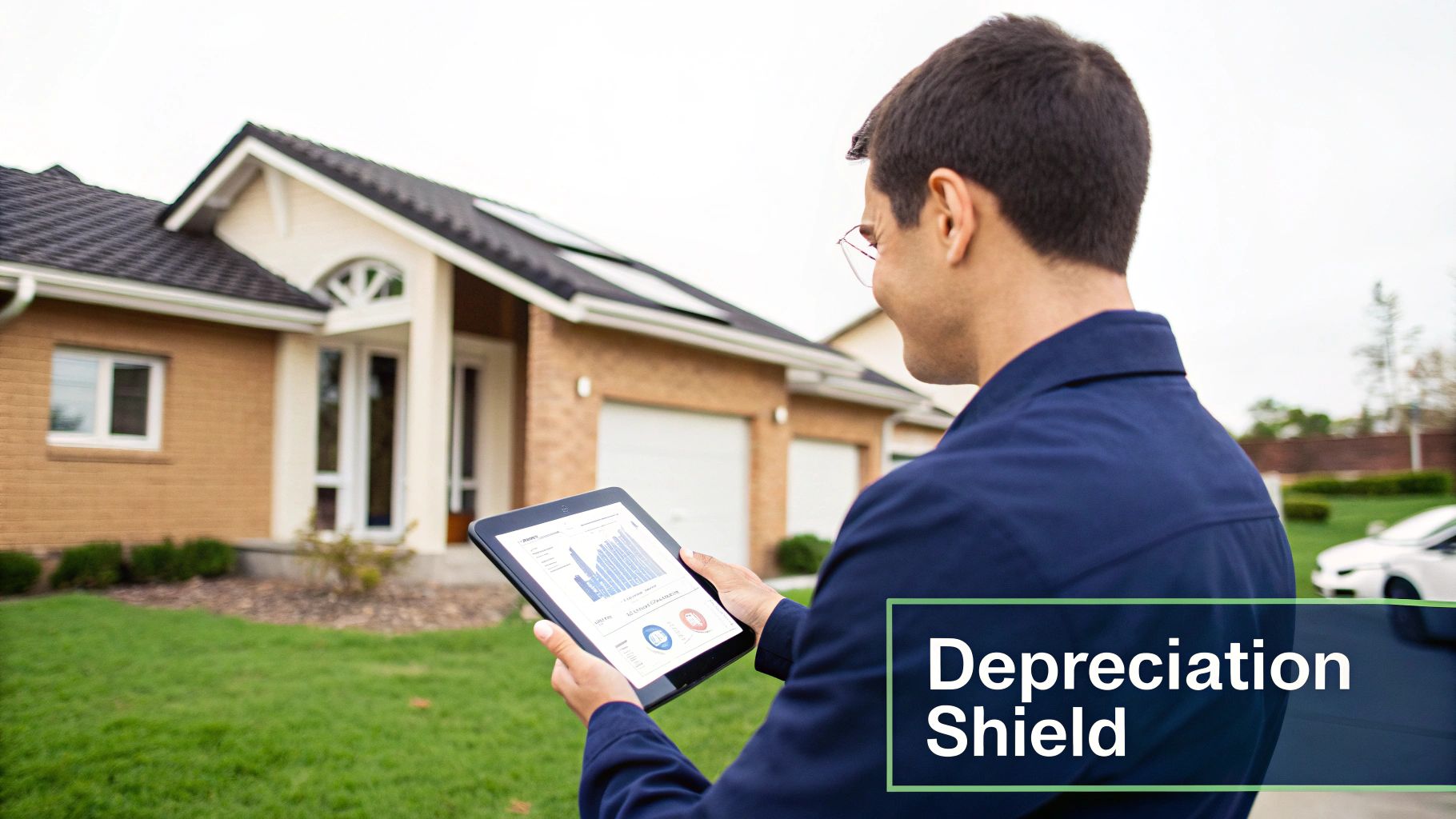 Man holding a tablet displaying financial charts in front of a house, highlighting 'Depreciation Shield'.
