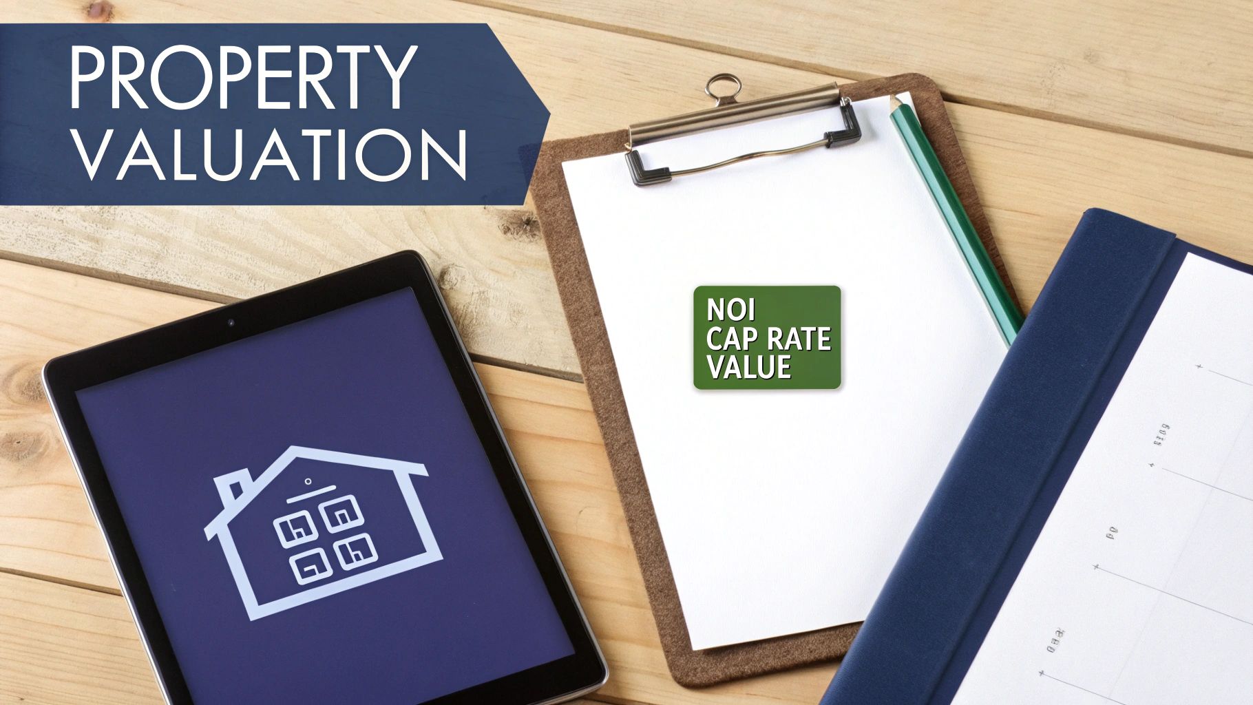 A flat lay of property valuation tools including a tablet, a clipboard with a 'NOI CAP RATE VALUE' sticker, and a notebook.