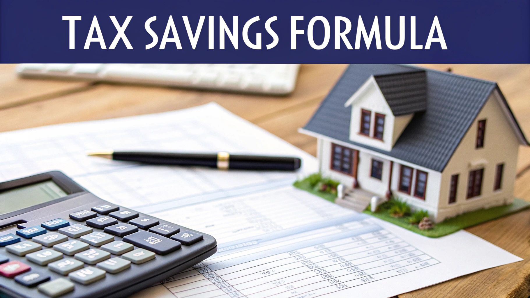 A calculator, pen, financial documents, and a house model with a 'TAX SAVINGS FORMULA' banner.