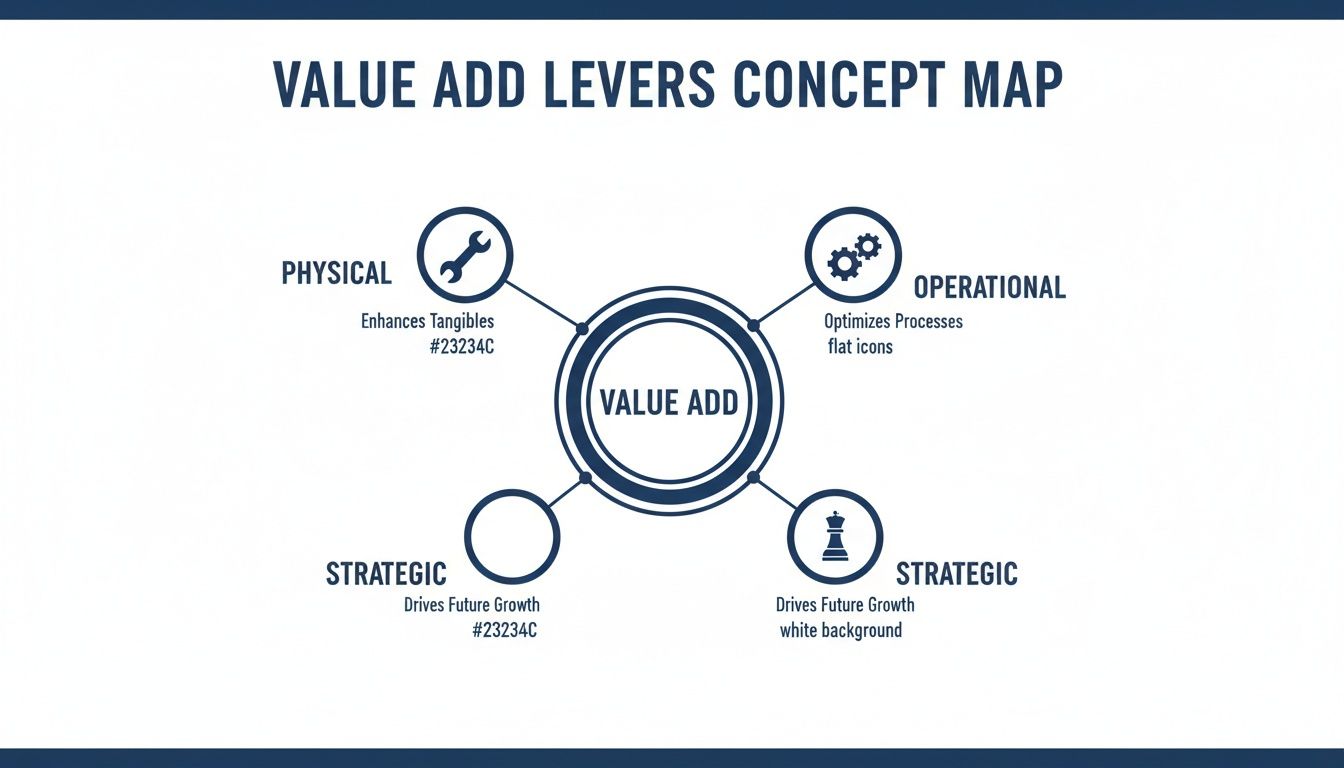 A concept map illustrating Value Add levers across Physical, Operational, and Strategic categories with icons.