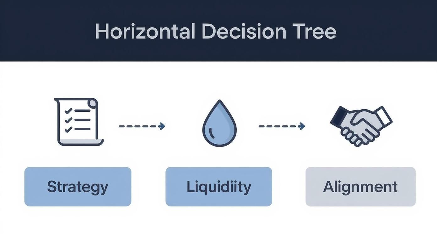 An infographic decision tree showing the key diligence steps for choosing a fund, starting with Strategy, then Liquidity, then Alignment.