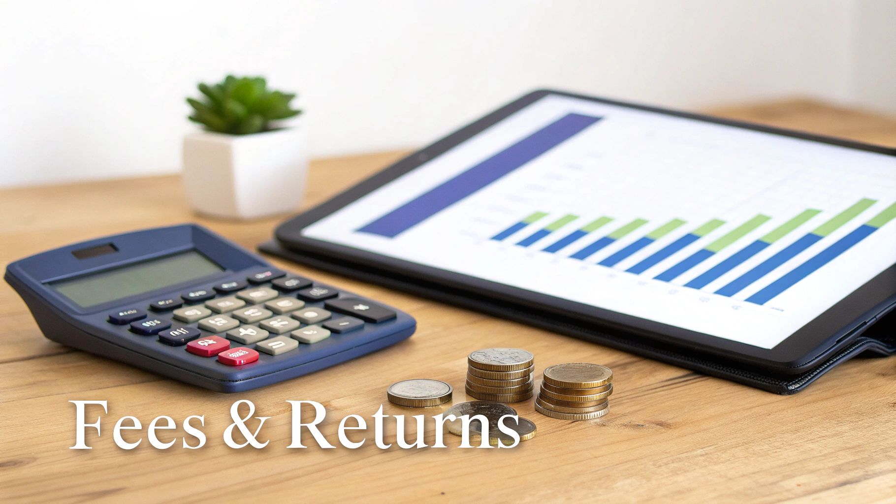 Calculator, stacks of coins, and a tablet displaying financial charts, representing fees and returns.
