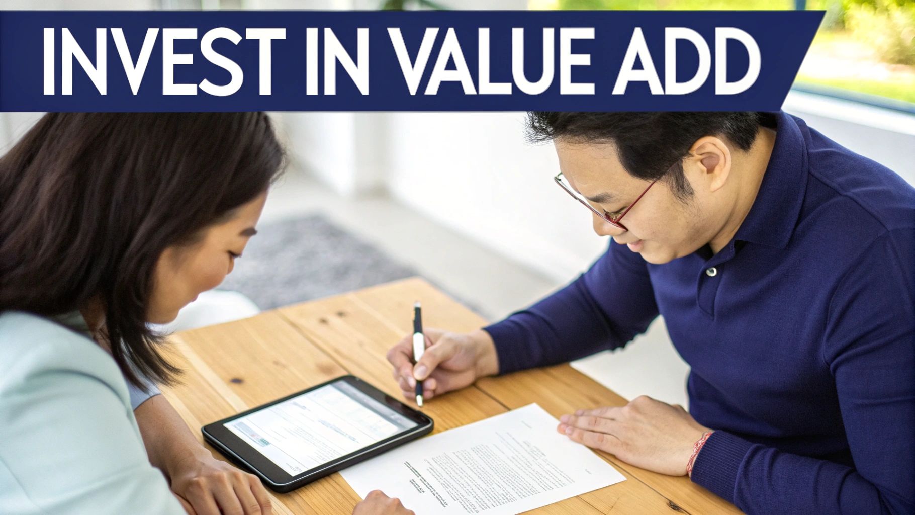 Two people reviewing documents, with a man signing papers and a woman looking at a tablet.