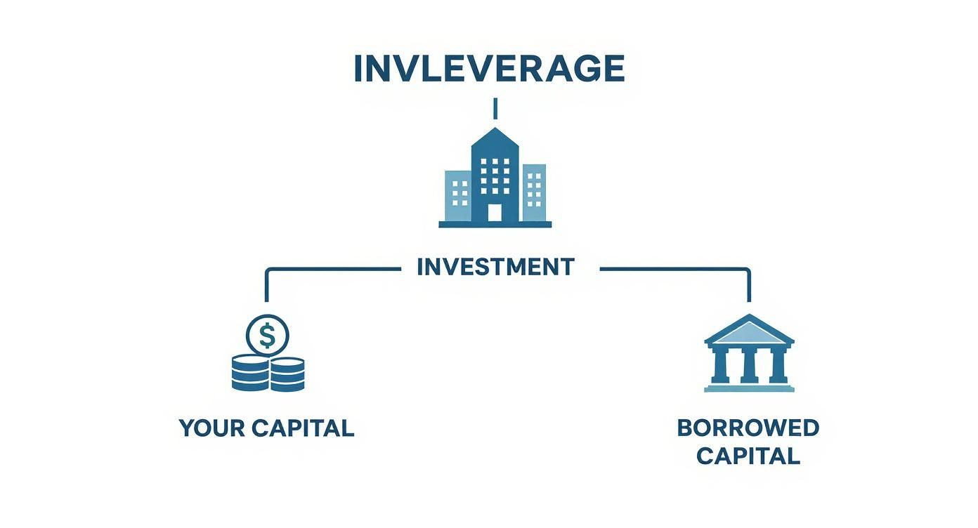 Diagram illustrating investment leverage, showing an investment funded by both your capital and borrowed capital.