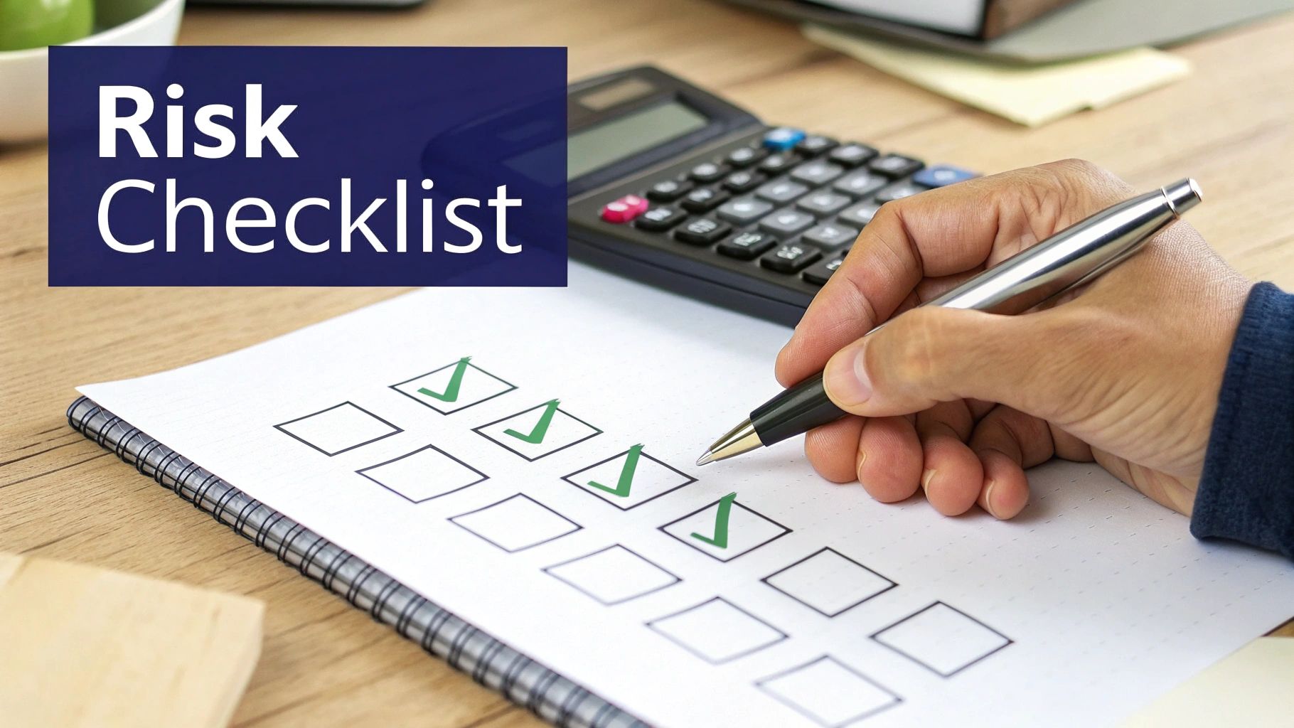 A hand marking checkmarks on a 'Risk Checklist' in a notebook with a calculator in the background.