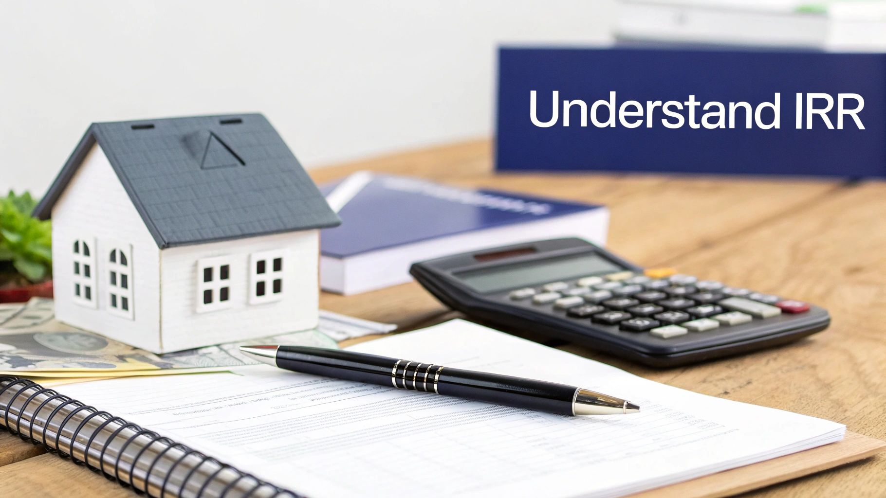 A mini house, calculator, pen, and documents on a wooden desk with a 'Understand IRR' sign.