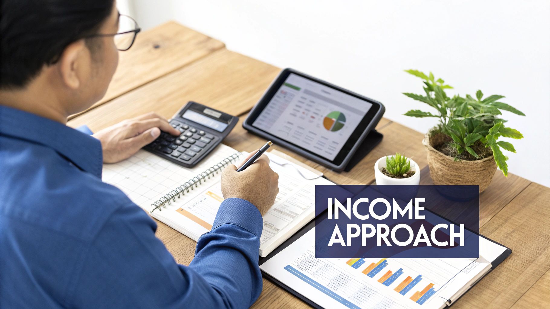 Two real estate professionals reviewing building plans on a tablet in a modern office.