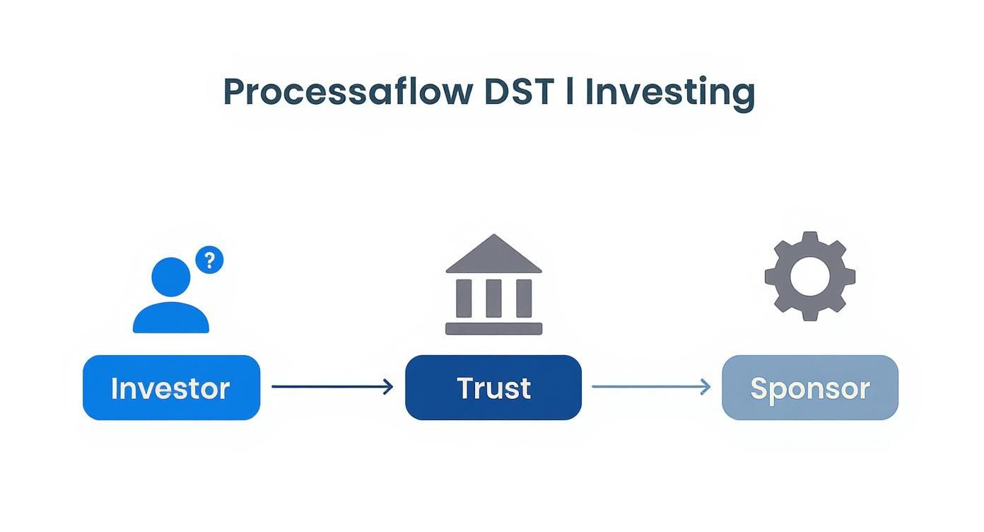 A flowchart shows the DST I investing process, moving from an investor to a trust, then to a sponsor.
