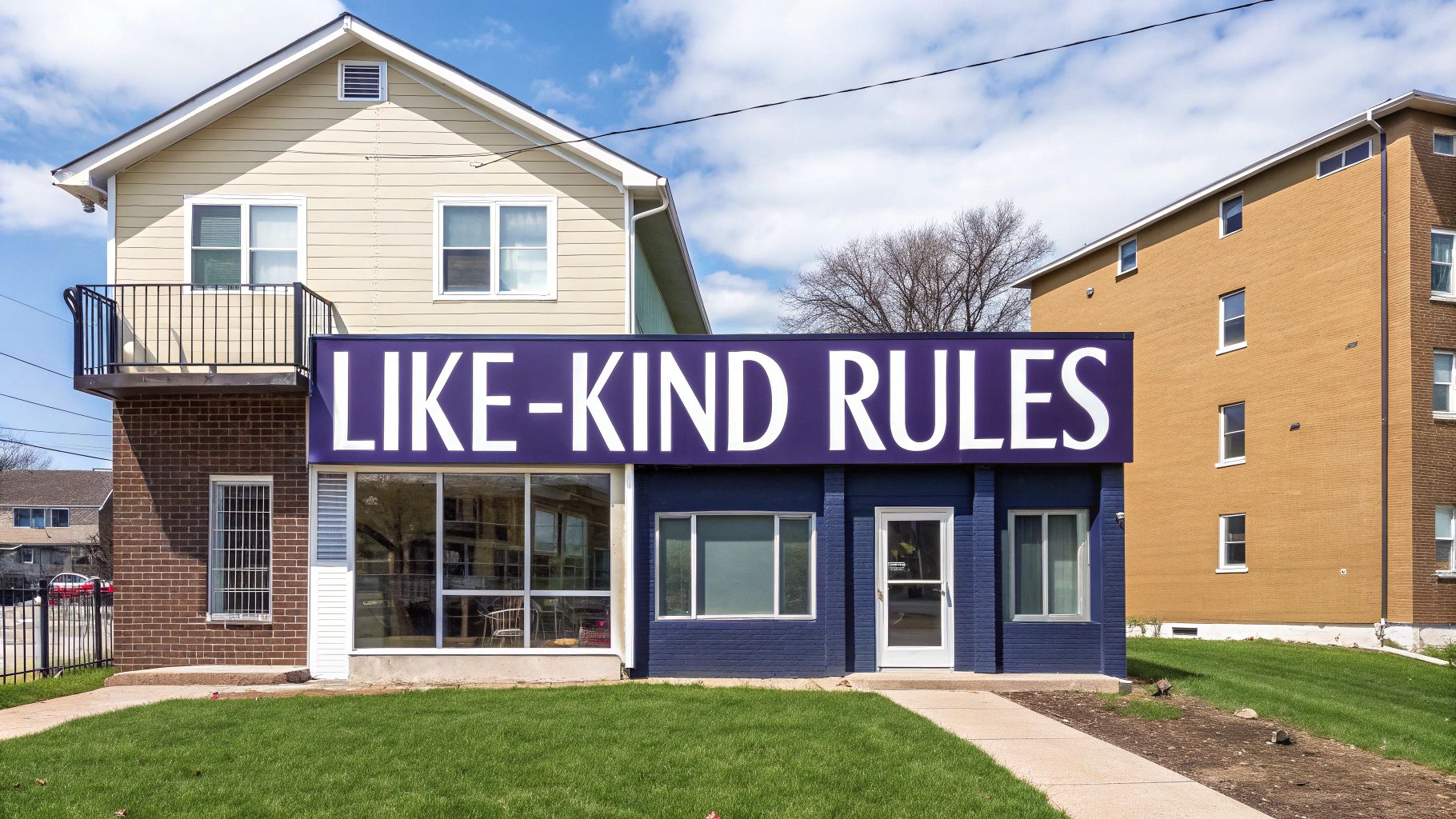 A house with a large purple 'LIKE-KIND RULES' sign, next to a multi-story brick building.