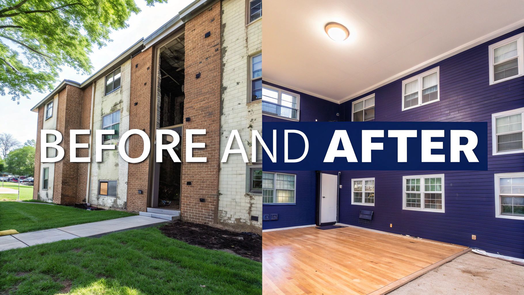 Before and after image of a building showing a dilapidated exterior and a newly renovated purple interior.