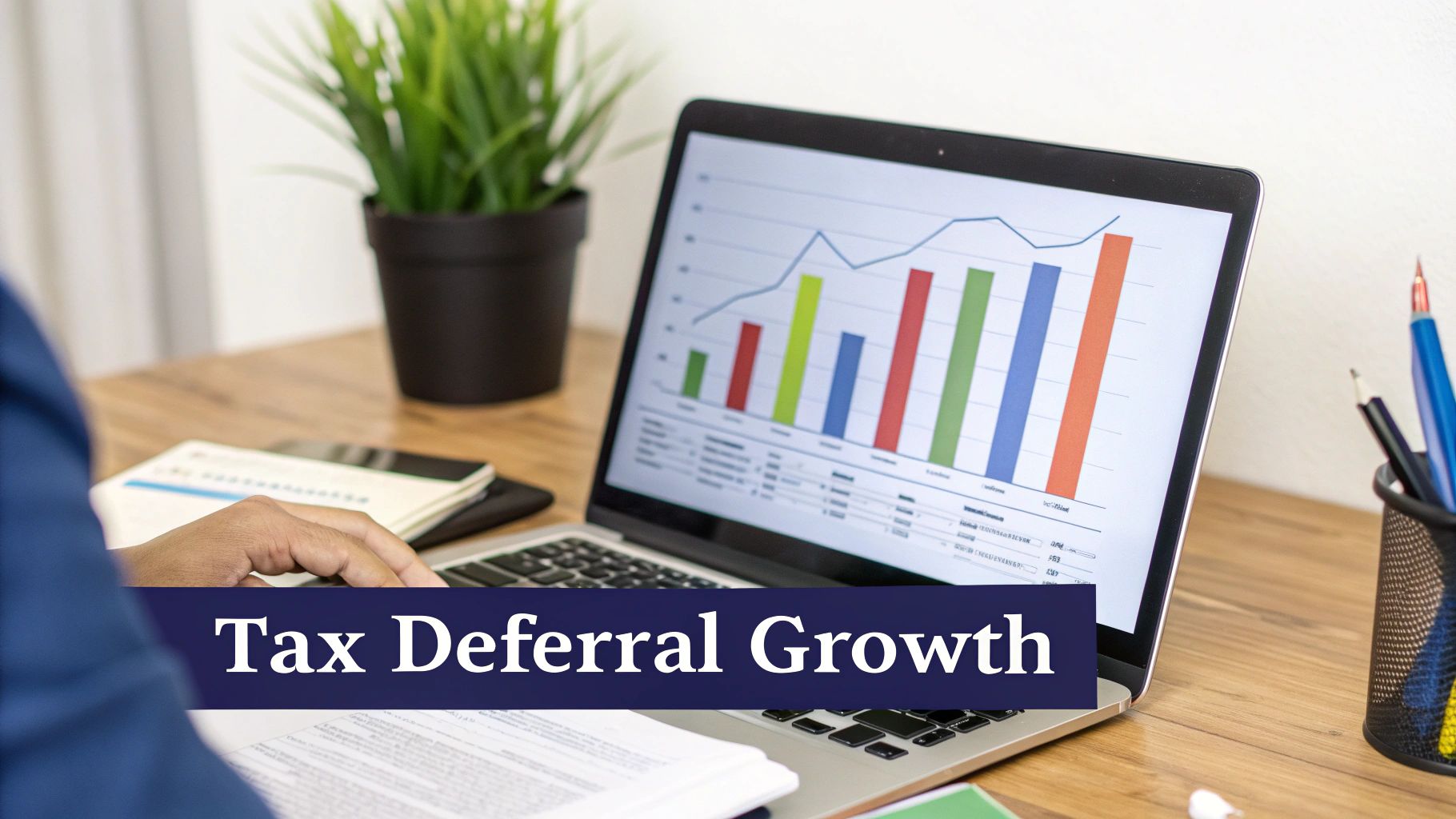 A stylized chart showing an upward-trending arrow made of stacked coins, illustrating financial growth and compounding.