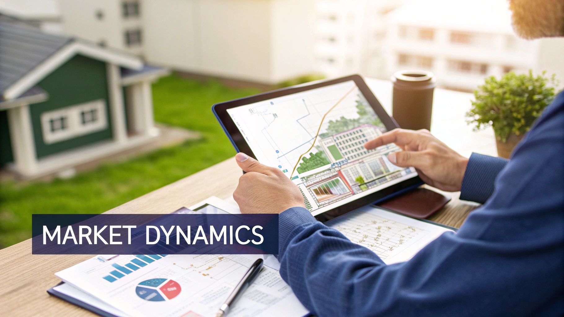 A person analyzes real estate market dynamics using a tablet with architectural plans and financial charts.