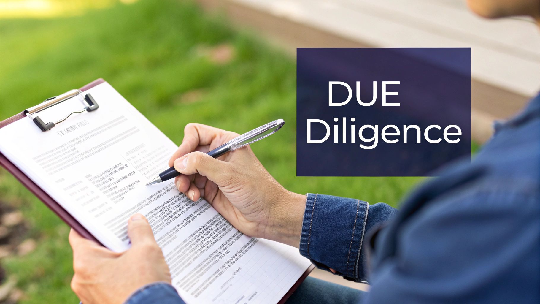 A professional real estate investor reviewing a checklist on a tablet with a Texas property in the background.