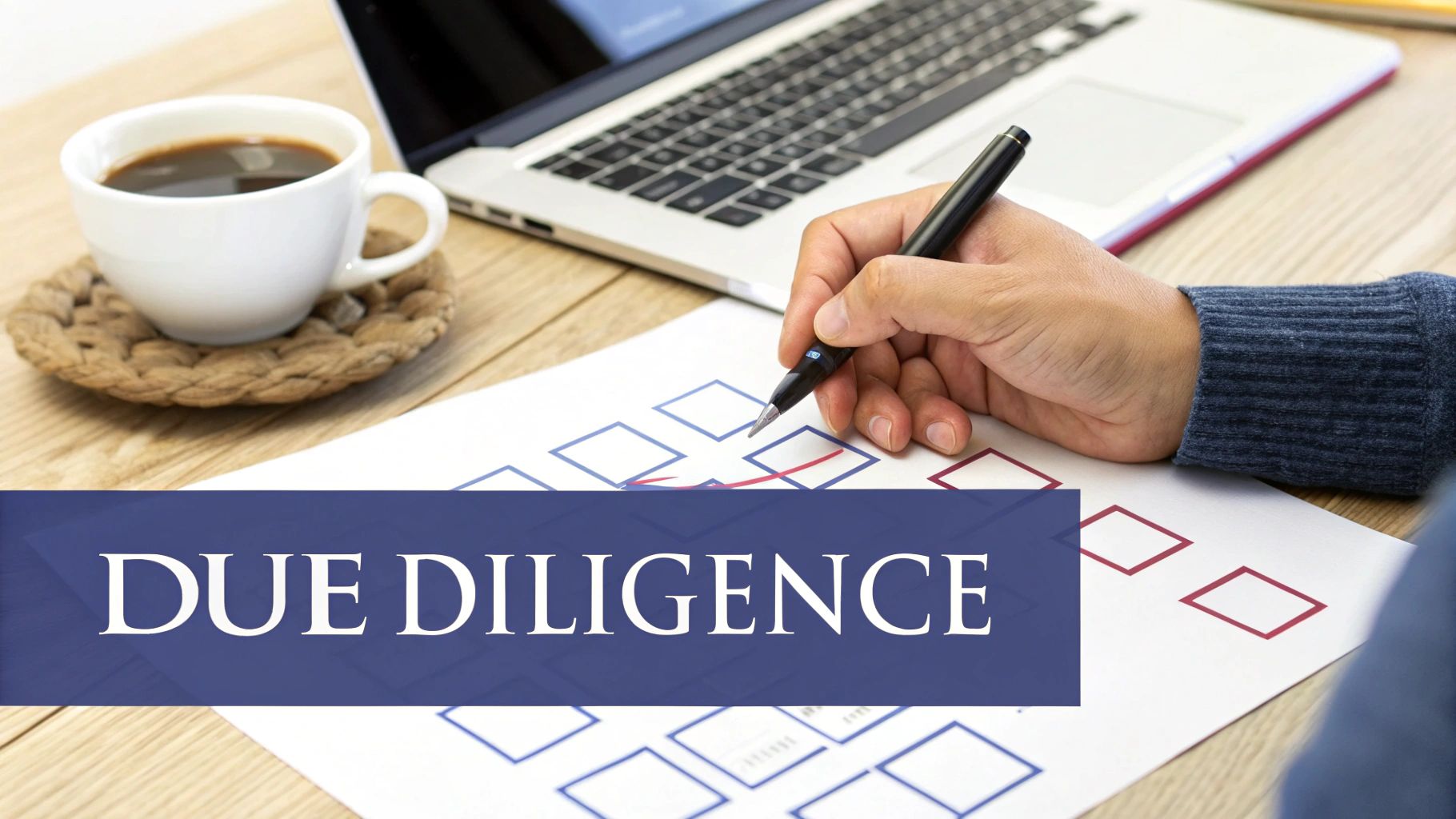 Professional conducting due diligence review with checklist, laptop, and coffee on wooden desk