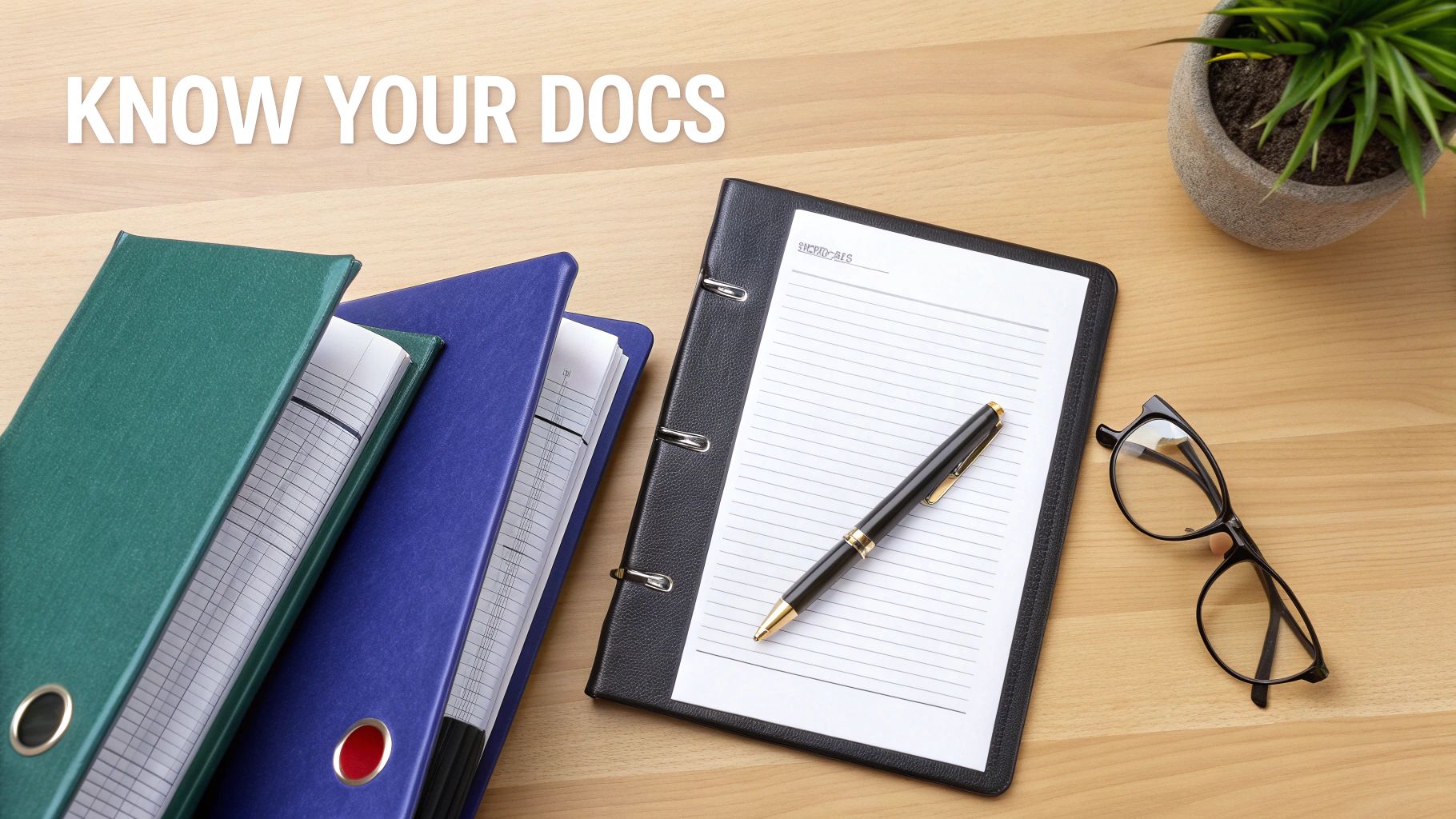 Professional office desk with binders, notepad, pen and glasses for document organization