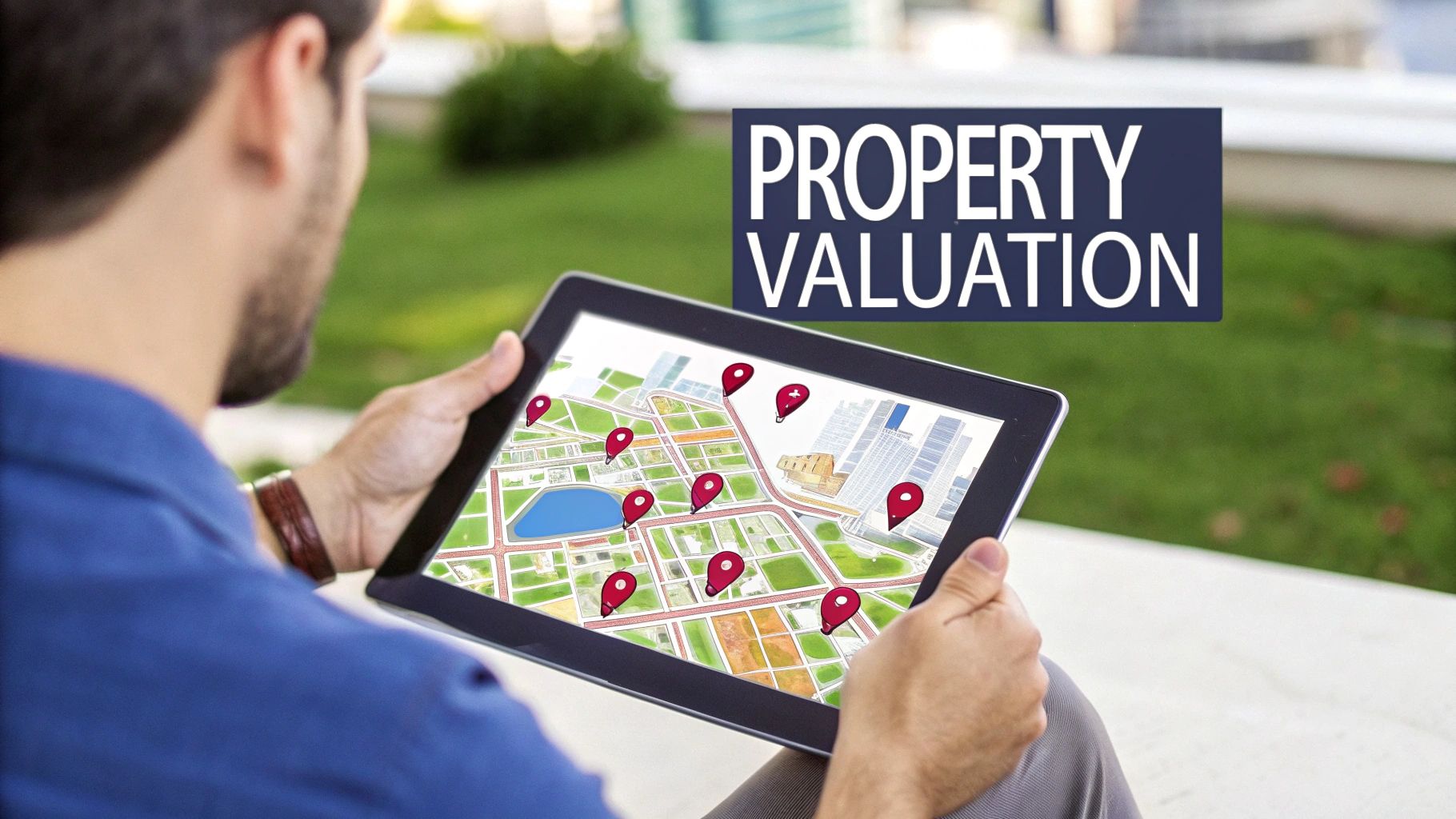 A person holding a tablet displaying a digital map with property pins, next to 'PROPERTY VALUATION' text.