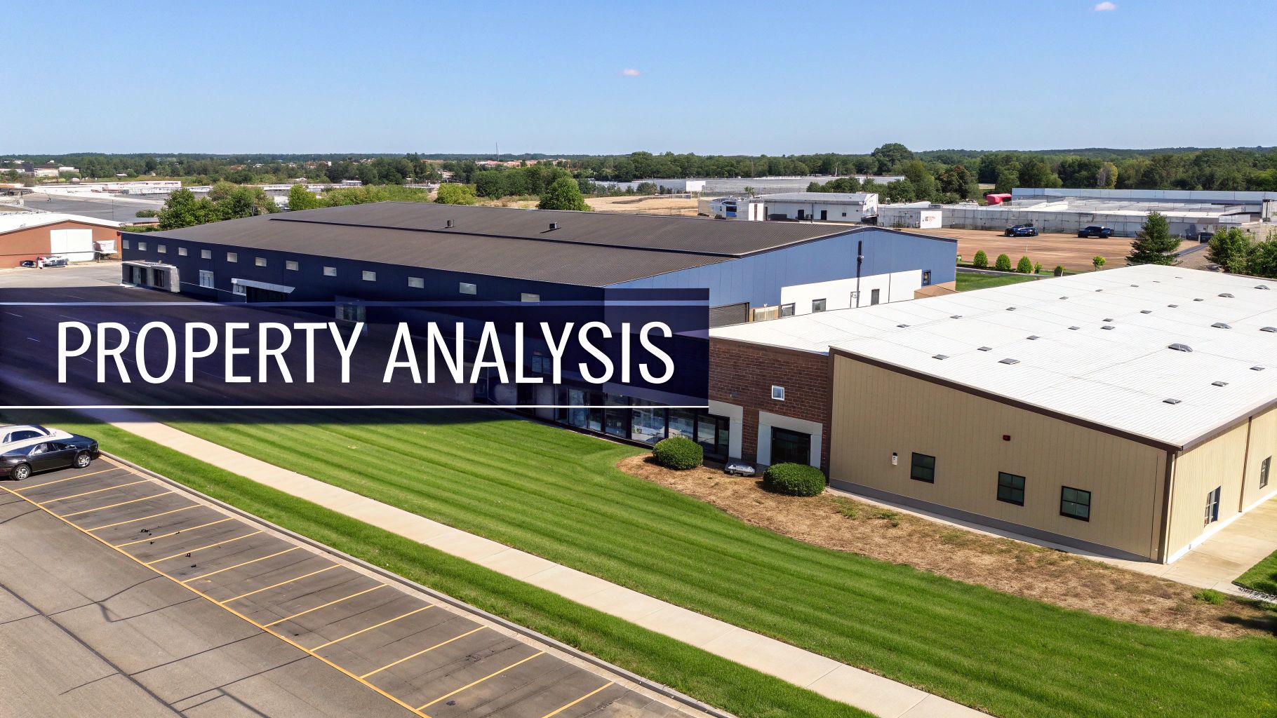 Aerial view of modern industrial buildings, including a large blue warehouse and a beige facility with parking.