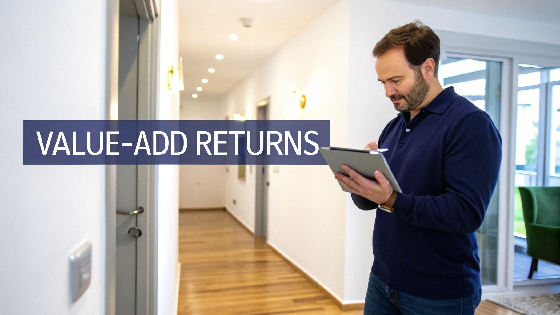 Man using a tablet in a modern hallway with 'VALUE-ADD RETURNS' text overlay.