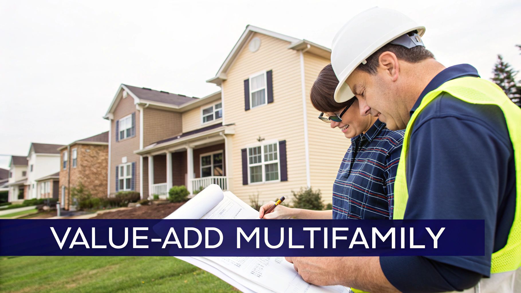 Two real estate professionals in hard hat and safety vest reviewing plans in front of multifamily homes.