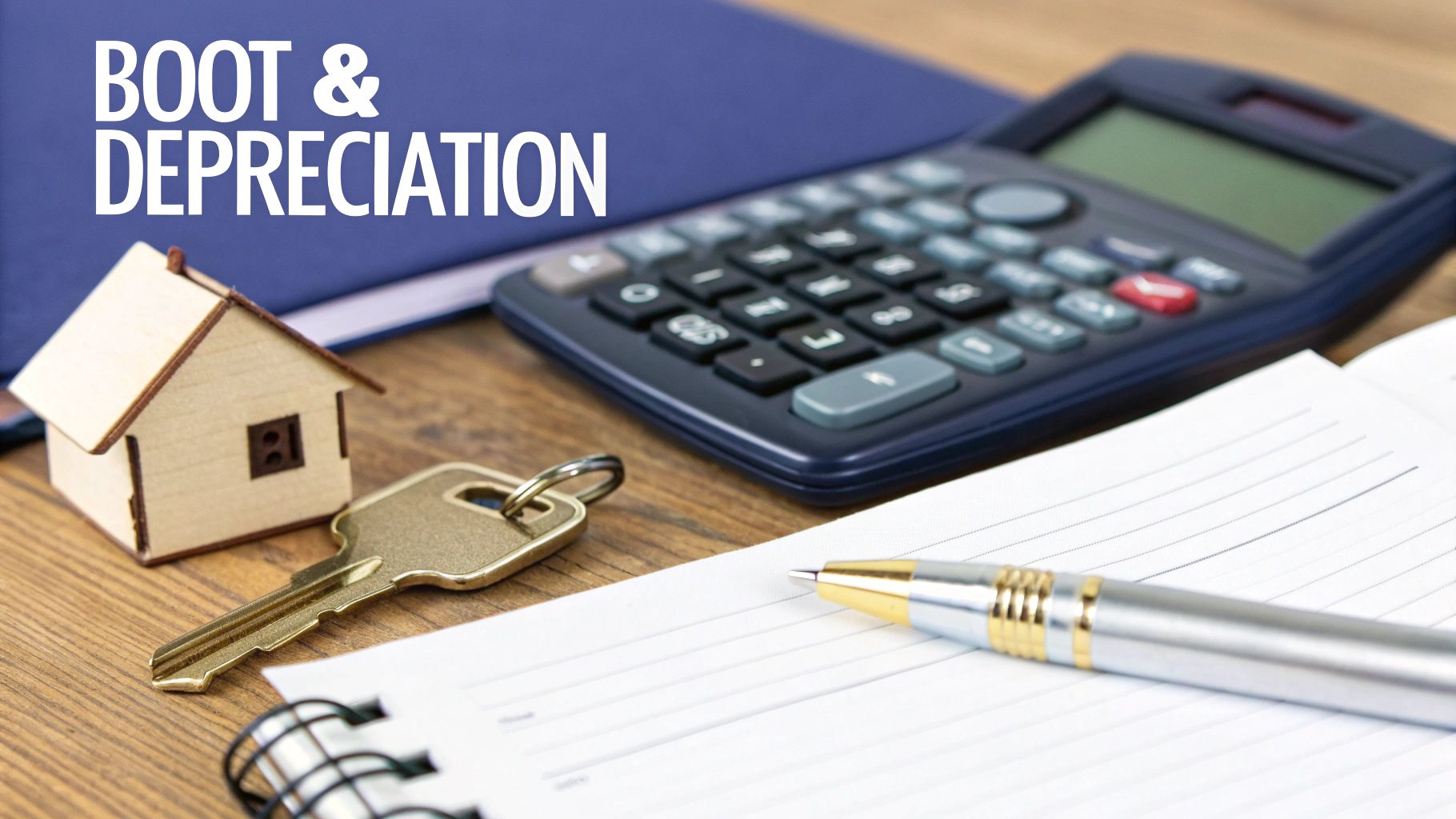 A desk with a house model, key, calculator, and notebook, illustrating 'BOOT &amp; DEPRECIATION' in finance.