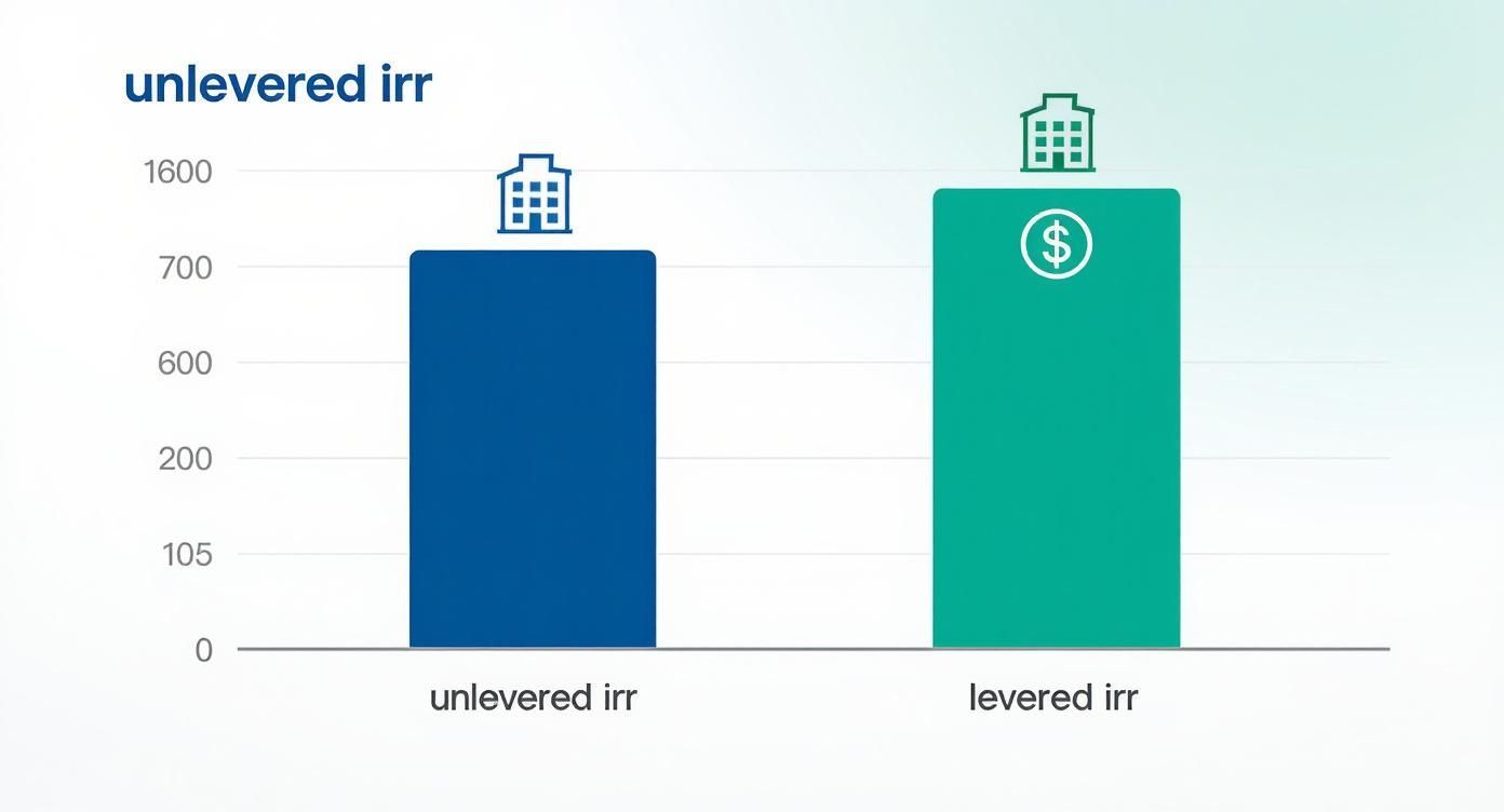 Bar chart comparing unlevered internal rate of return (around 720) with levered (around 1580).