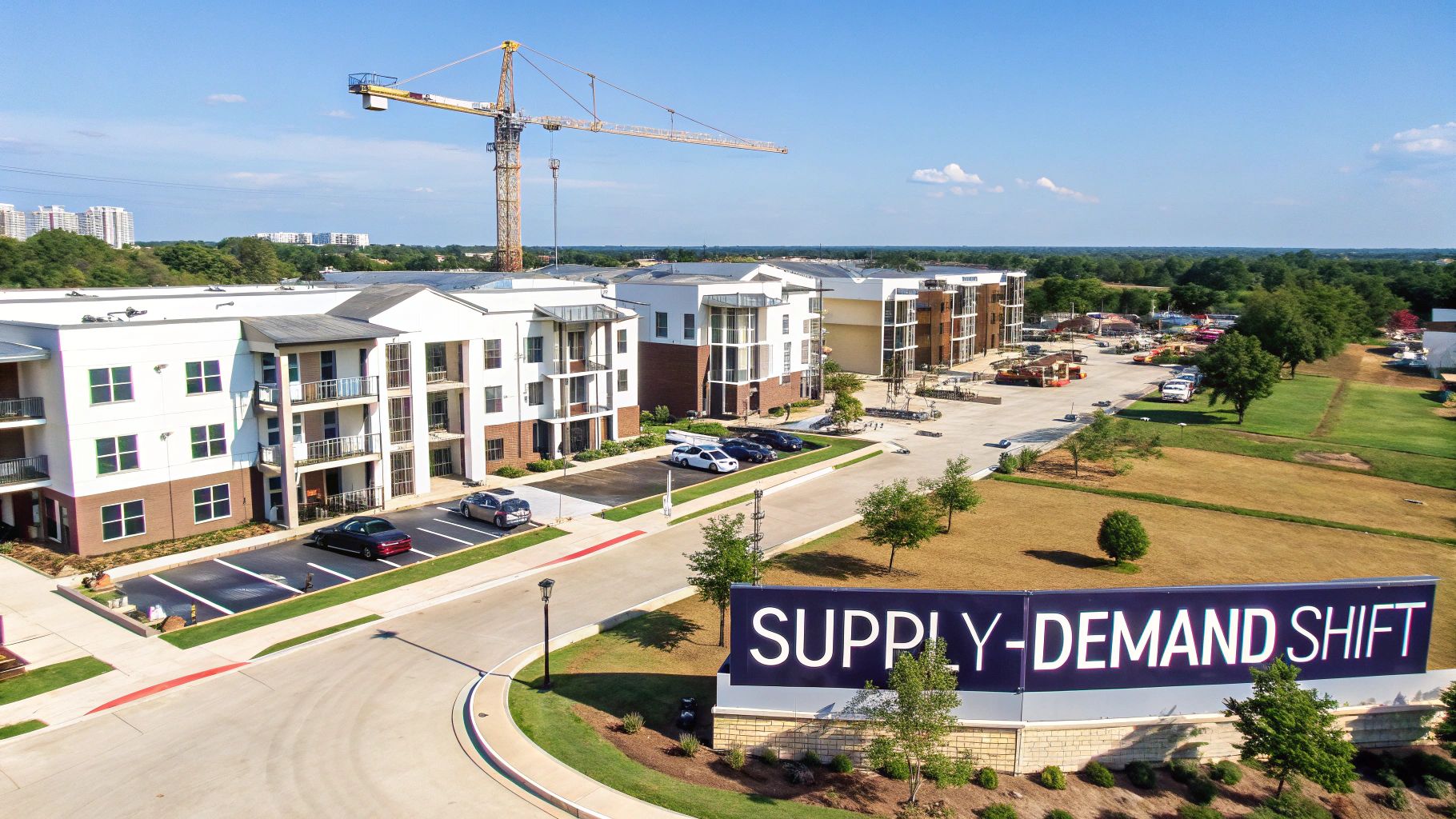 Aerial view of a modern apartment complex under construction with a crane and 'SUPPLY-DEMAND SHIFT' sign.