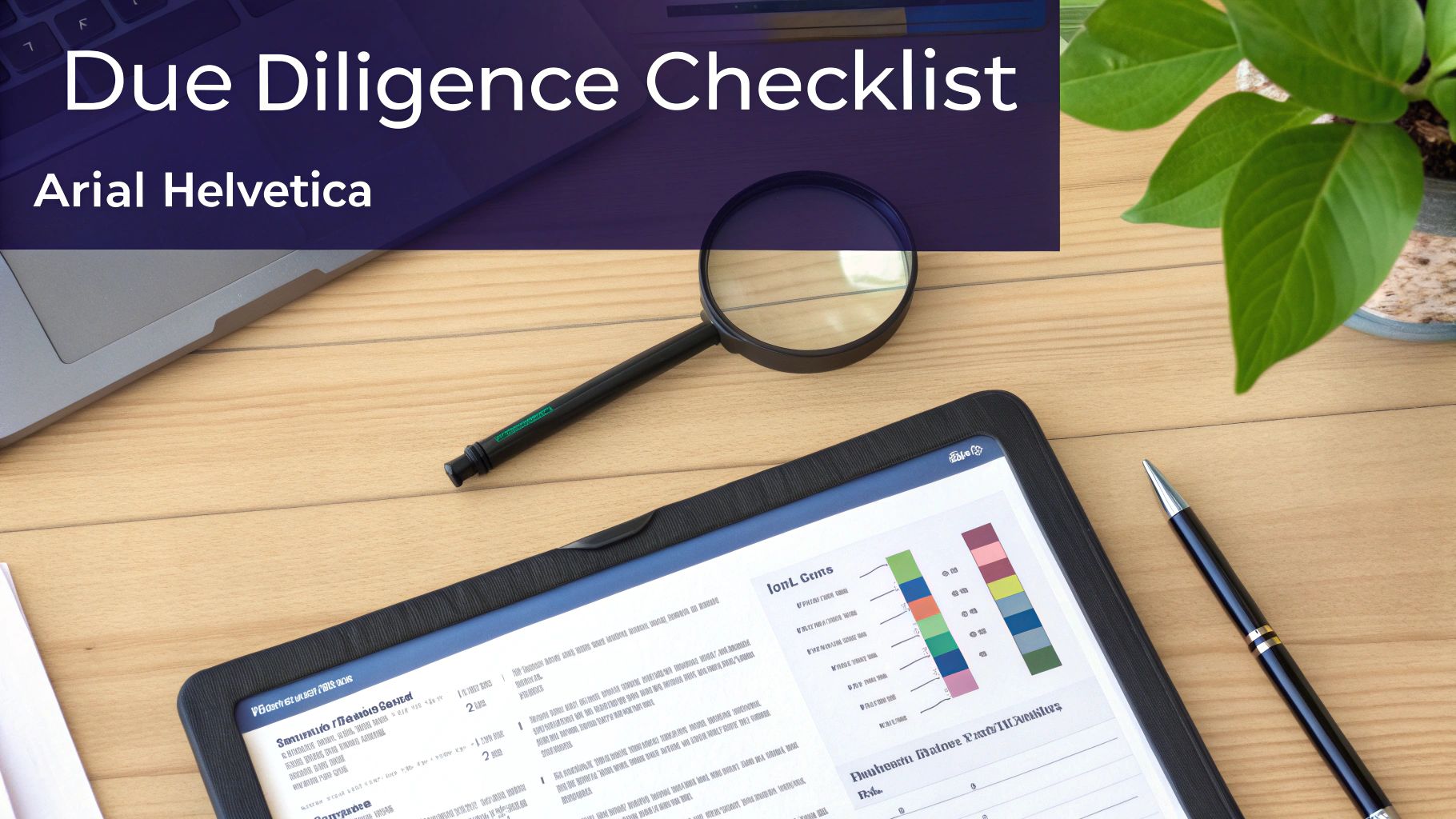 A desk setup with a laptop, tablet, magnifying glass, and a 'Due Diligence Checklist' title.