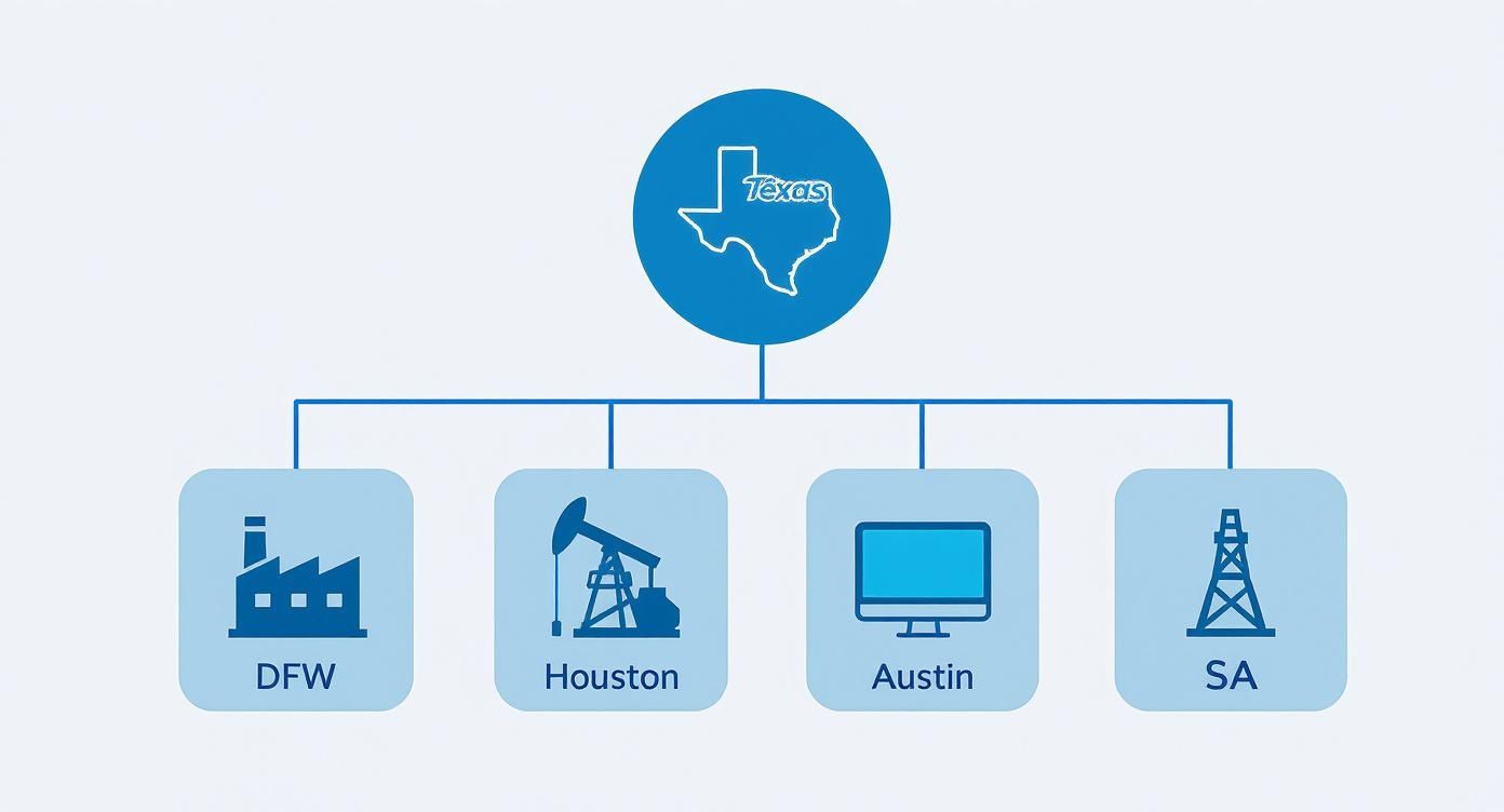 An infographic hierarchy diagram showing the major Texas real estate markets: Dallas-Fort Worth (DFW), Houston, Austin, and San Antonio, each represented by a unique icon.