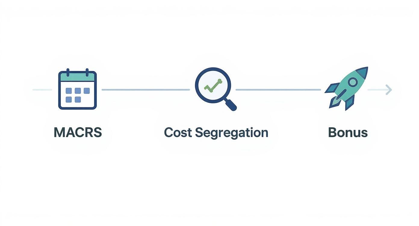 Process flow for depreciation tax shields: MACRS, Cost Segregation, and Bonus depicted with icons.