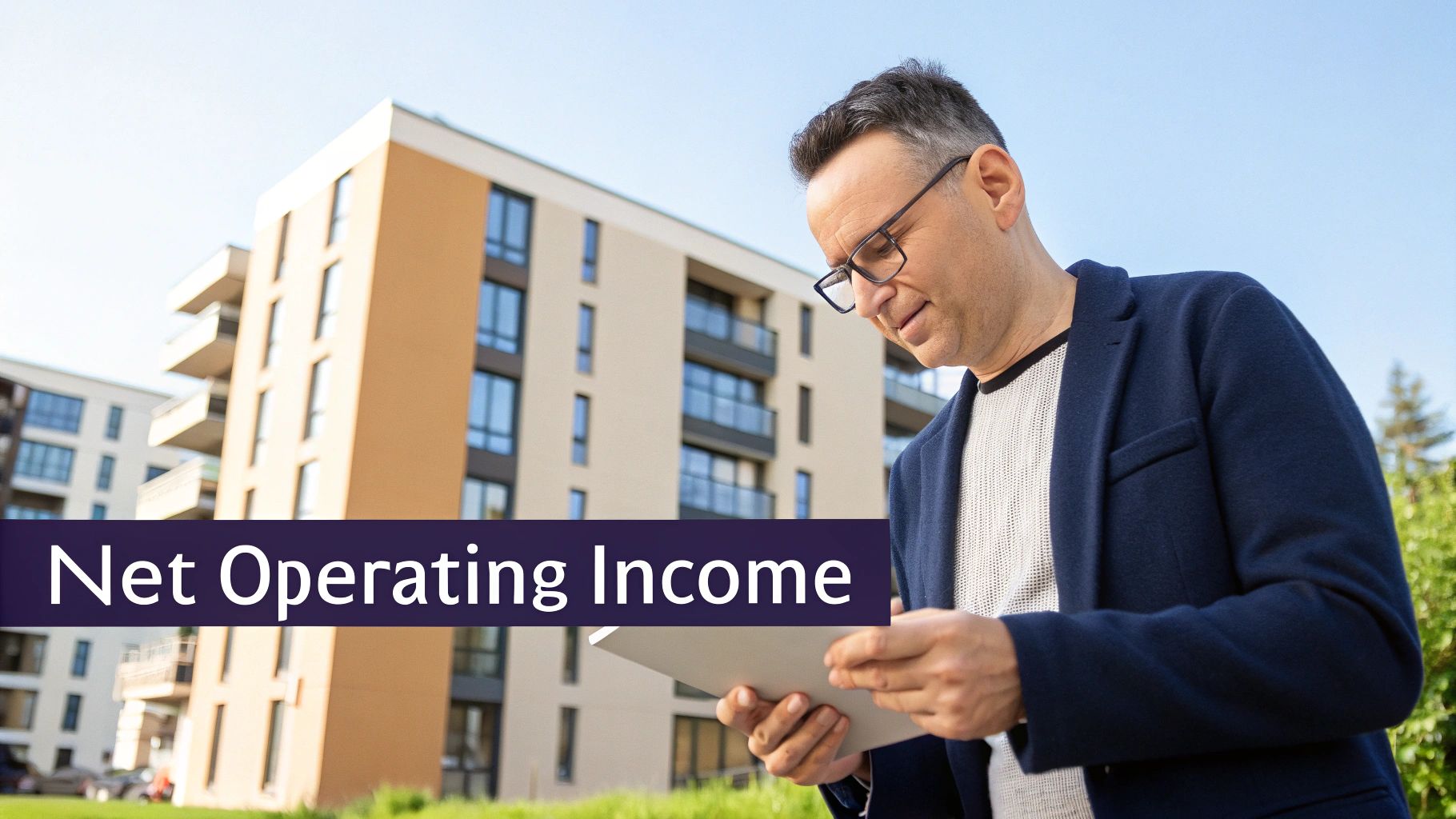 Real estate professional reviewing net operating income data on tablet near modern apartment building