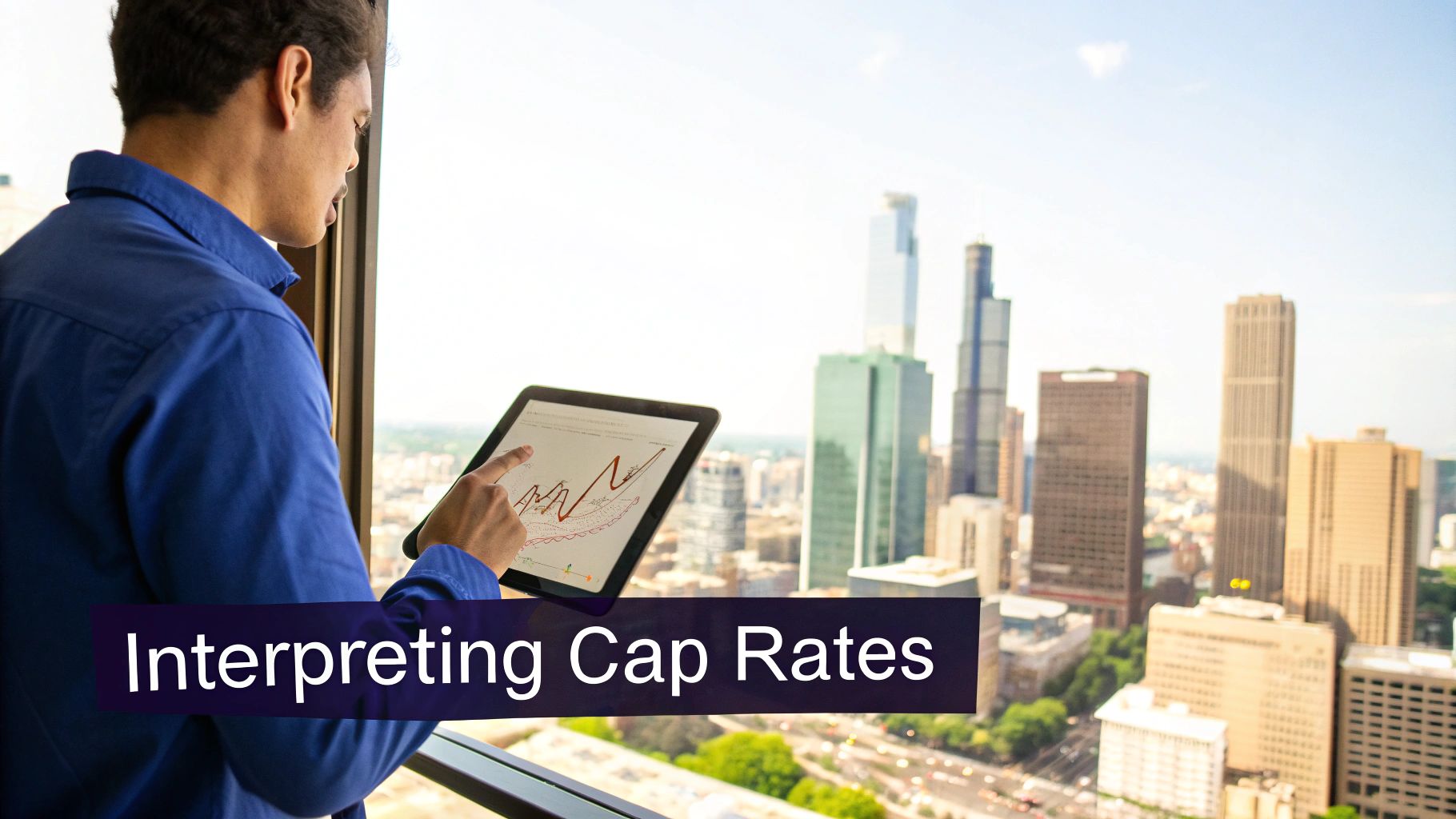 Man in blue shirt analyzing a financial graph on a tablet with a city skyline in the background.