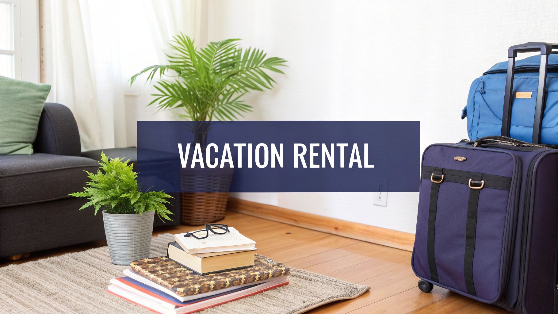 A cozy vacation rental living room with a couch, plants, books, and luggage by the door.