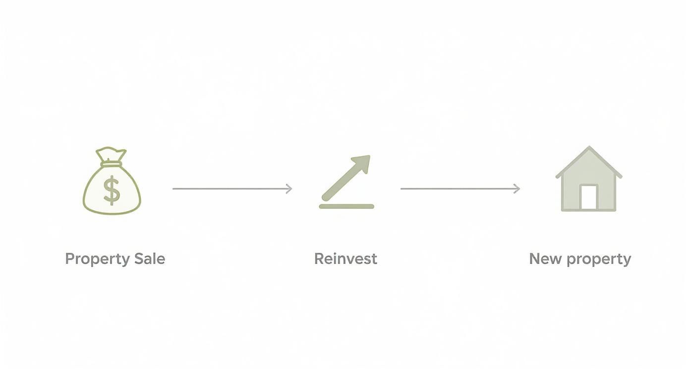 1031 exchange process diagram showing property sale proceeds being reinvested into new property