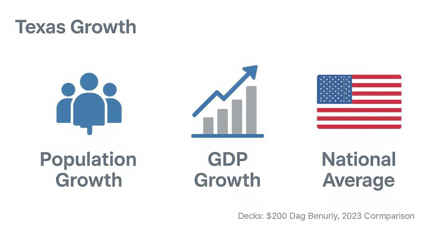 Infographic illustrating Texas&#39;s strong population and GDP growth alongside the national average comparison.