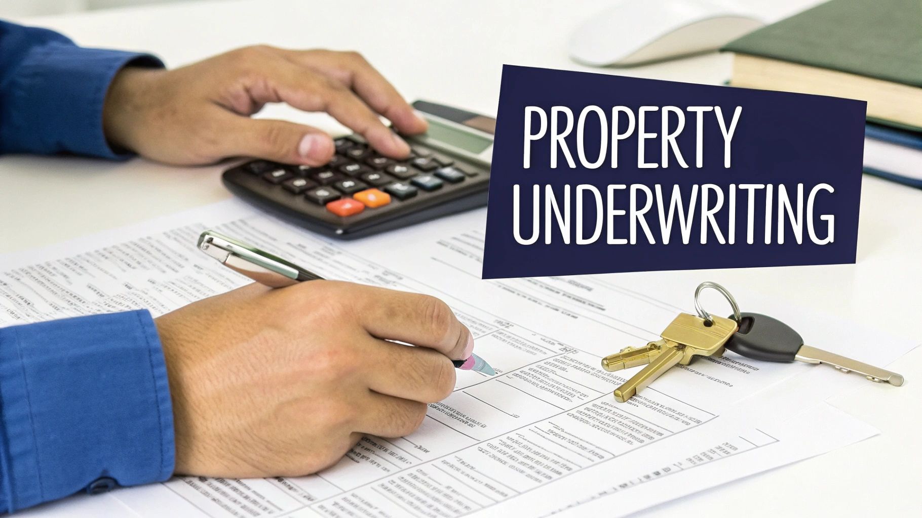Hands writing on property underwriting documents, using a calculator, with keys on a desk.