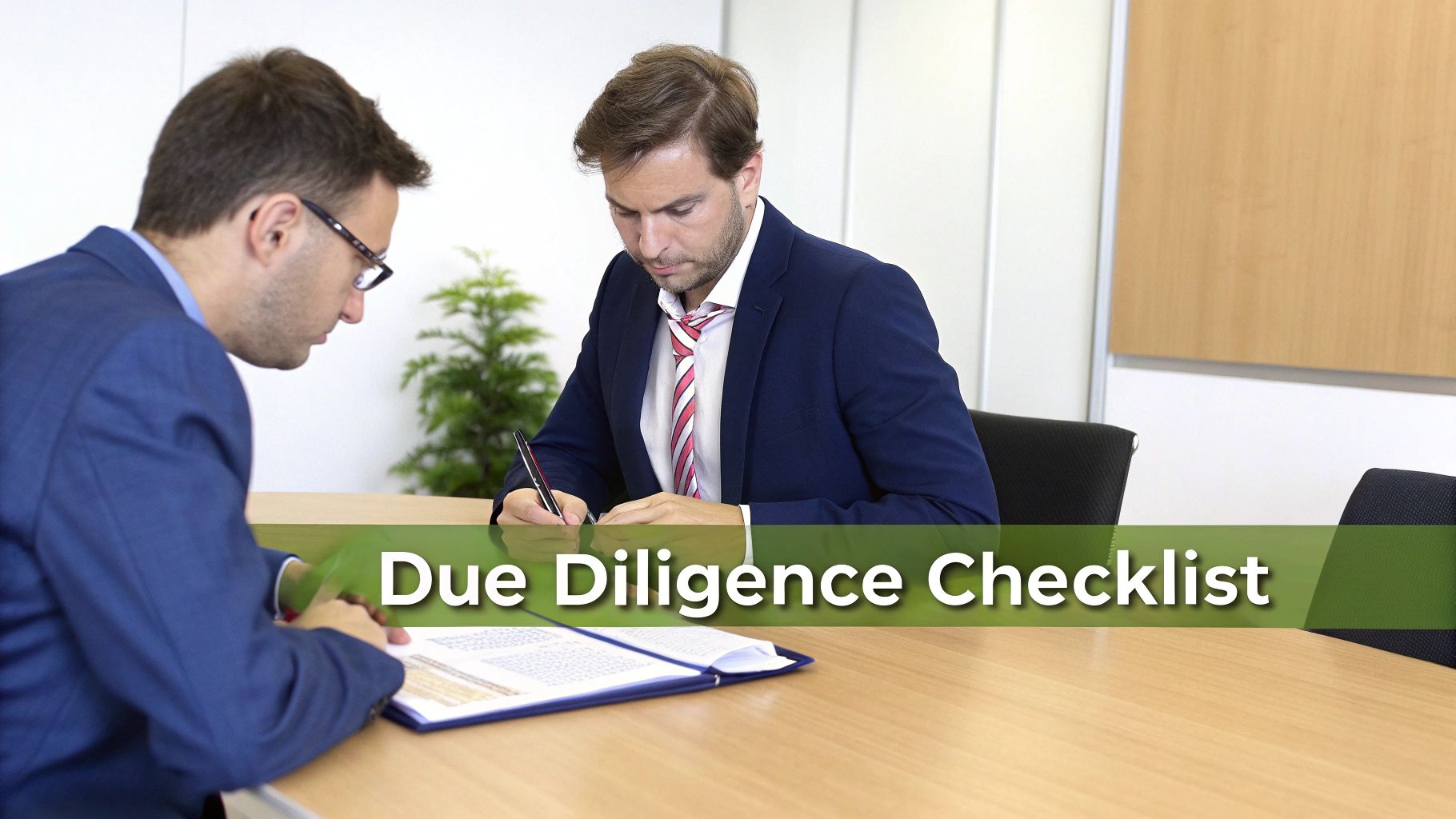 Two businessmen reviewing and signing documents at a conference table, with 'Due Diligence Checklist' text.