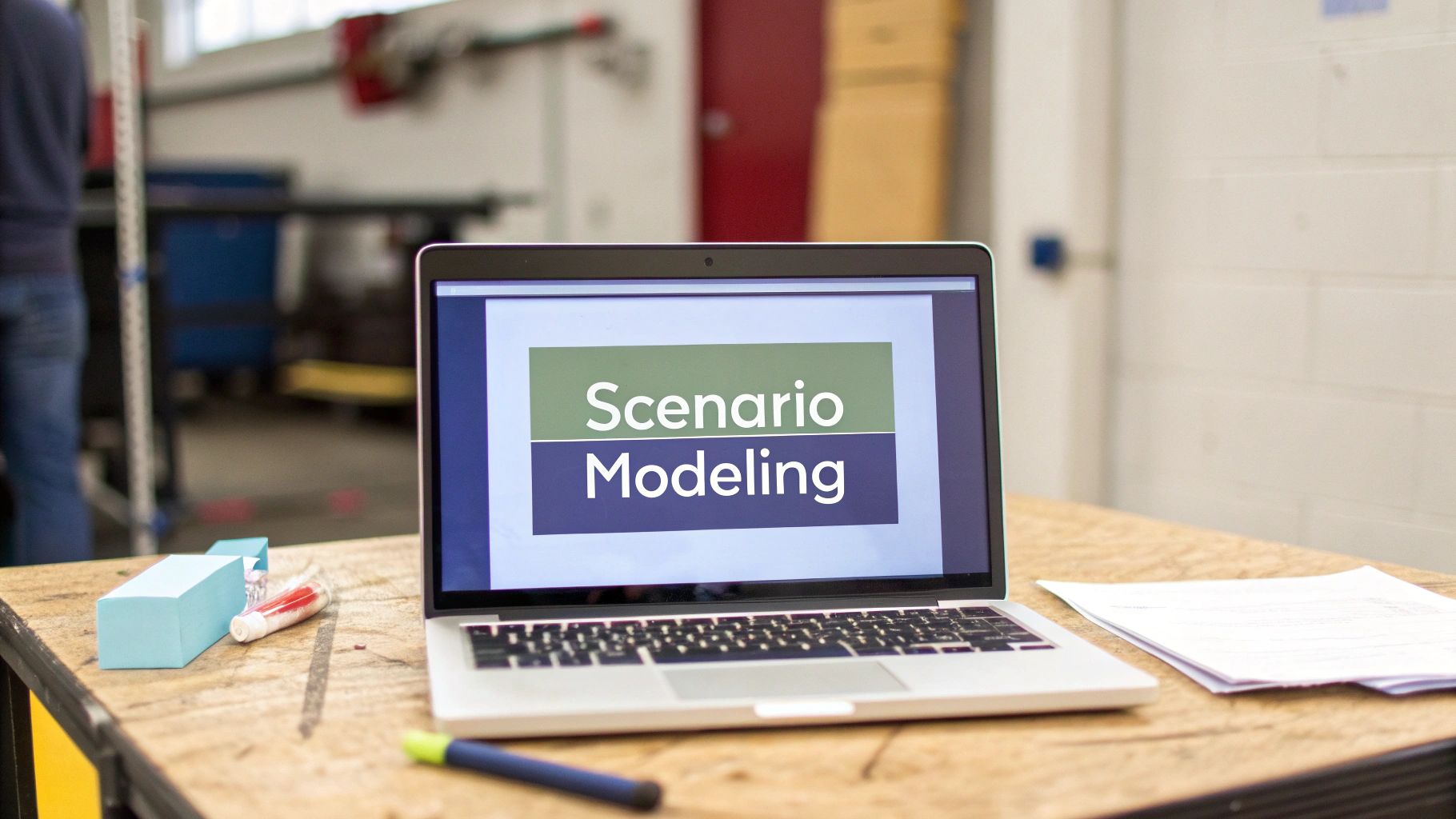 A laptop displaying 'Scenario Modeling' on its screen sits on a wooden desk with office supplies.
