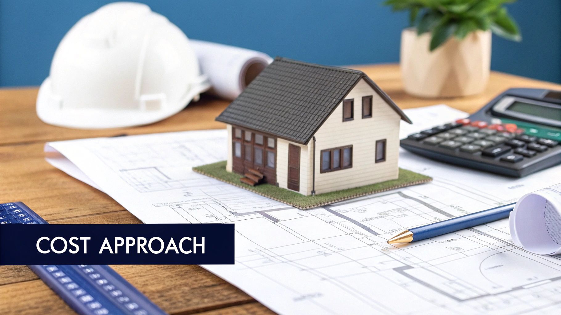 A miniature house model, blueprints, and calculator on a desk, representing real estate cost approach valuation.