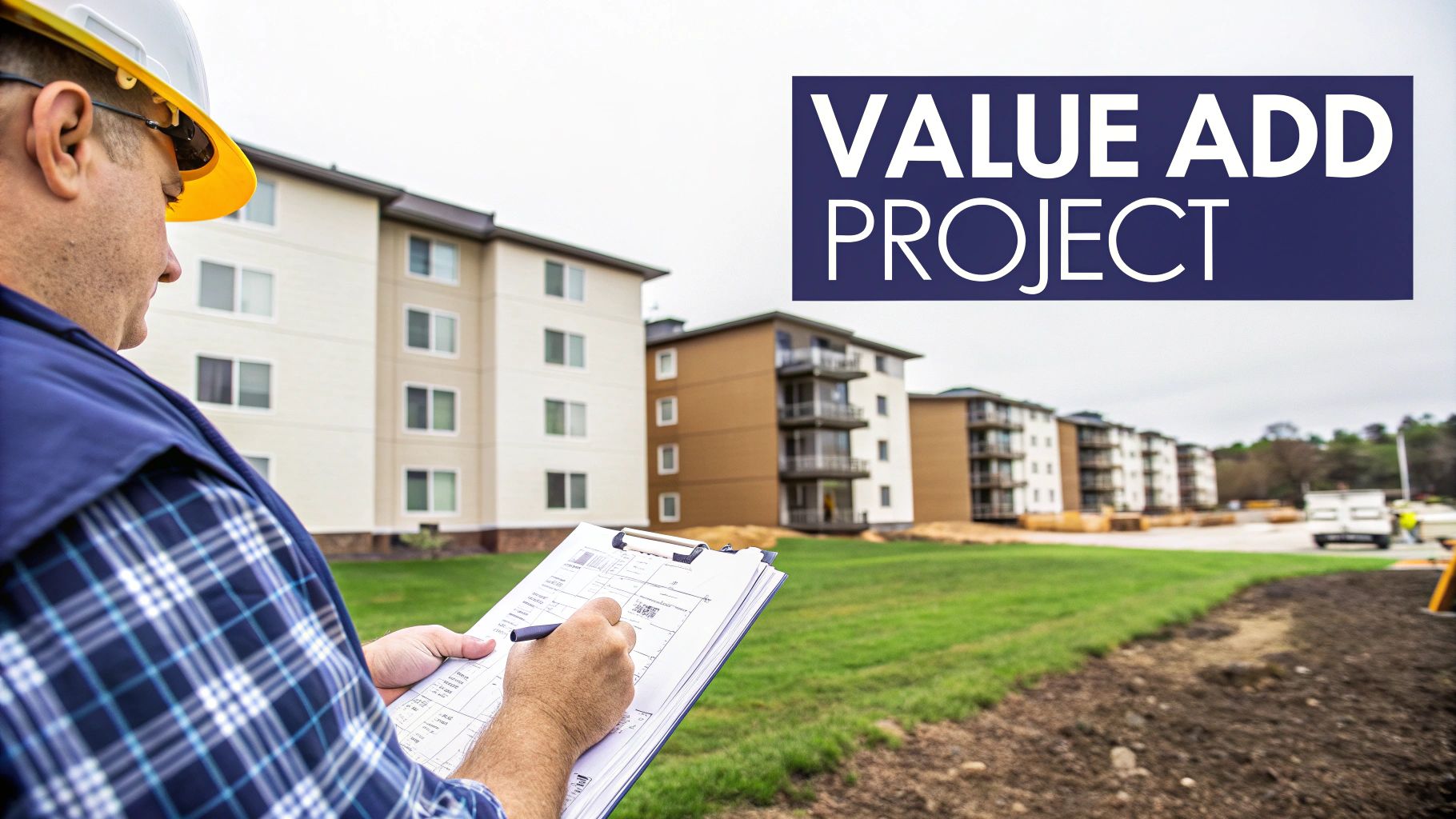 A construction worker reviews documents on a clipboard with apartment buildings and a &#39;VALUE ADD PROJECT&#39; sign in the background.