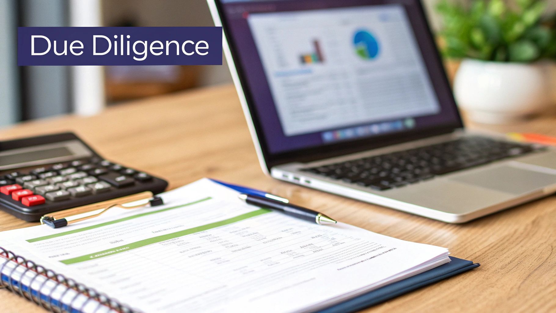 Financial due diligence process with a laptop showing charts, calculator, documents, and a pen on a wooden desk.
