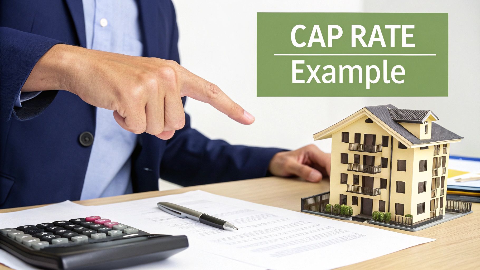 Hand pointing to a house model, documents, calculator, illustrating a cap rate example.