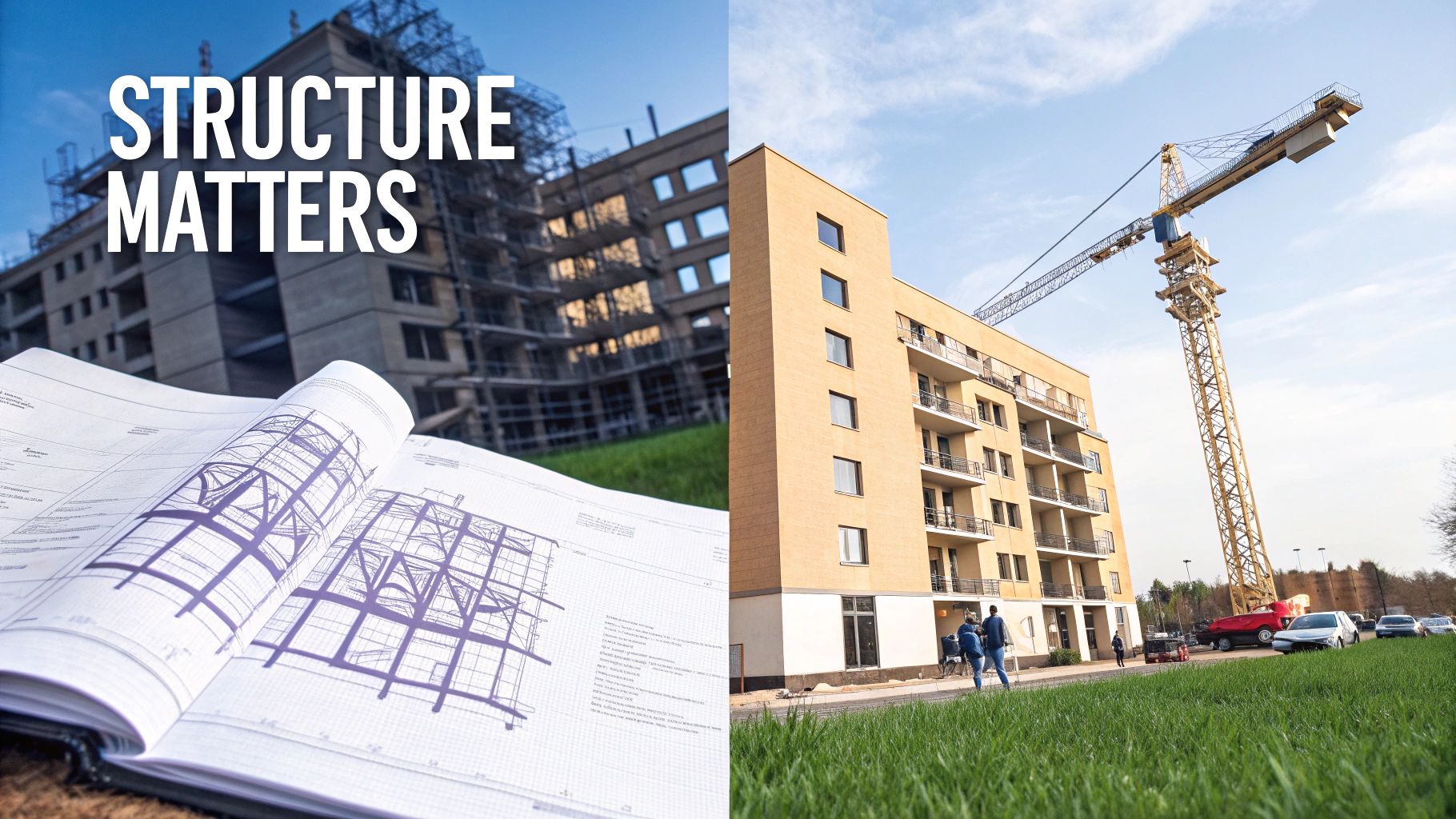 A split image showing a blueprint for a building on one side and a completed modern building on the other, representing the link between strategy and fund structure.